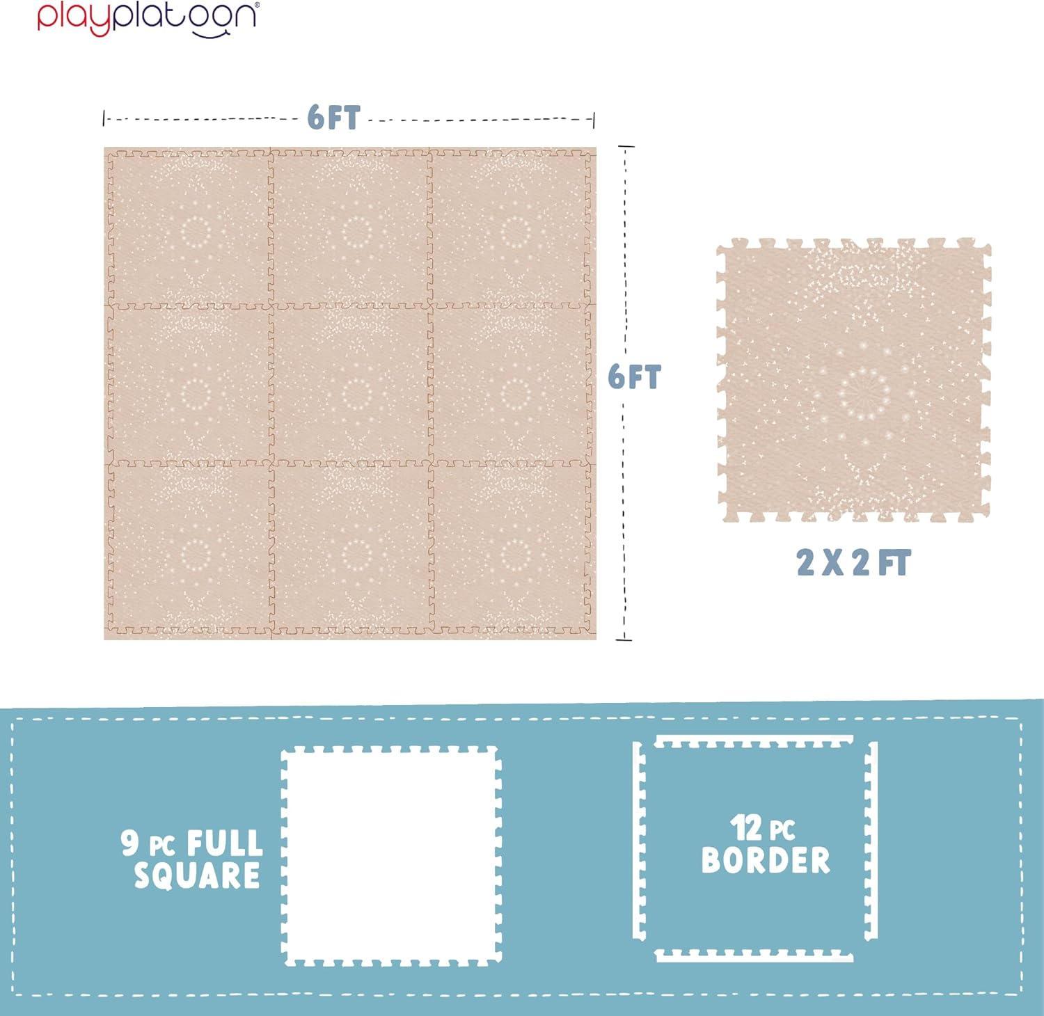 Play Platoon Non-Toxic Large Kids Play Mats for Floor, 9 Tile 72 x 72 inch - Extra-Thick Foam Tiles, 24 x 24 inch Puzzle Mat Pieces, Neutral Playmat for Toddlers & Childrens Playroom - Sand Star Print