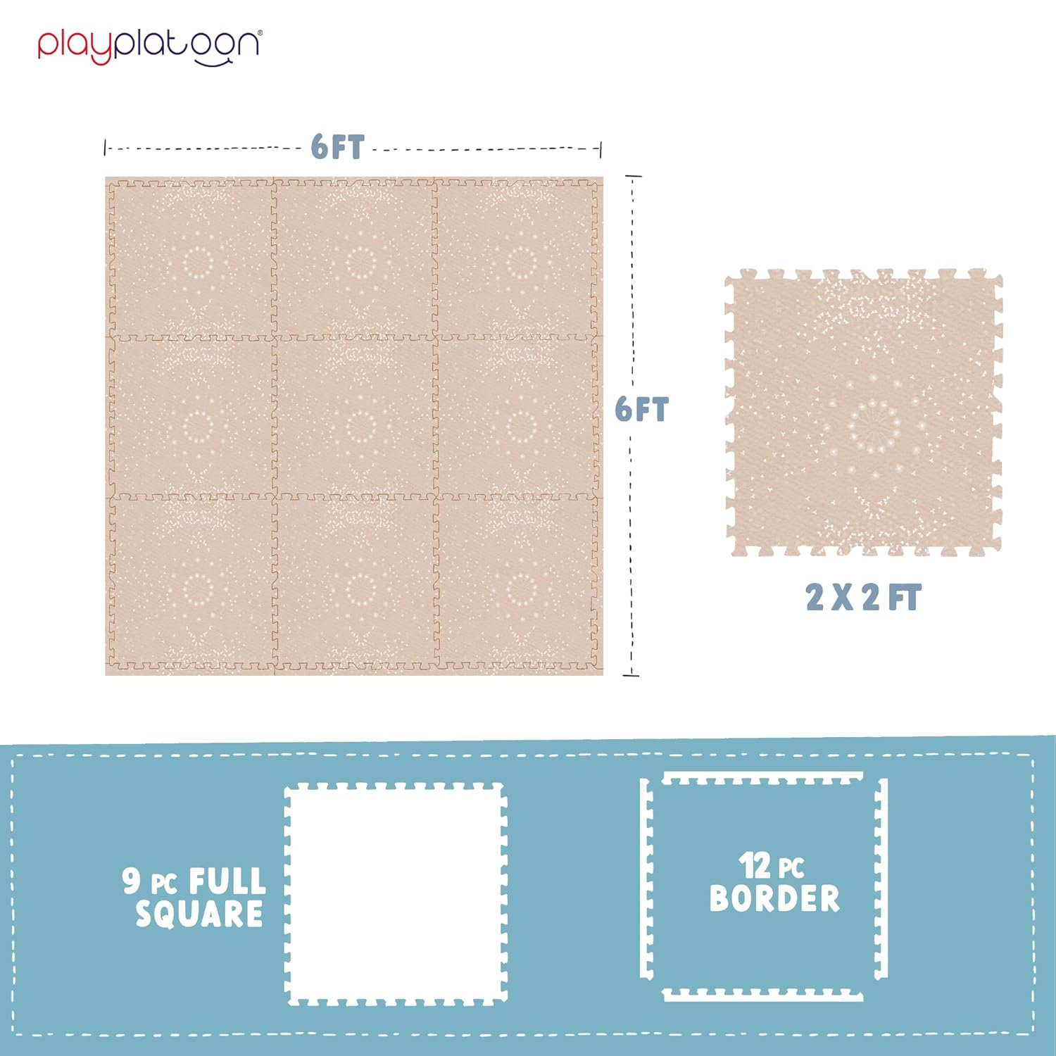 Play Platoon Non-Toxic Large Kids Play Mats for Floor, 9 Tile 72 x 72 inch - Extra-Thick Foam Tiles, 24 x 24 inch Puzzle Mat Pieces, Neutral Playmat for Toddlers & Childrens Playroom - Sand Star Print