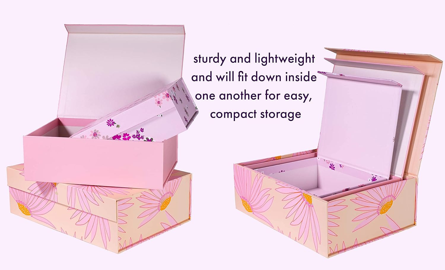Kate Spade New York Decorative Storage Boxes with Lids, 3 Pack Sturdy Organizer Storage Bins, Includes Small Medium Large Pink Nesting Boxes with Magnetic Closure, Falling Flower