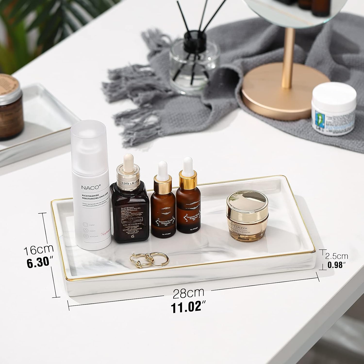 Luxspire Bathroom Vanity Tray, 11" Marble Ceramic Bathroom Trays for Counter, Gold and White Tray for Dresser, Kitchen Counter Tray, Perfume Tray, Bathroom Accessories, Medium, Marble White