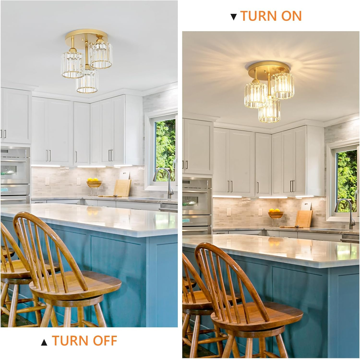 Modern Semi Flush Mount Ceiling Light,3-Light Golden Crystal Close to Ceiling Light Fixtures,Kitchen Light Fixtures with Clear Crystal Shade,Hallway Light Fixtures for Hallway Bedroom Bathroom