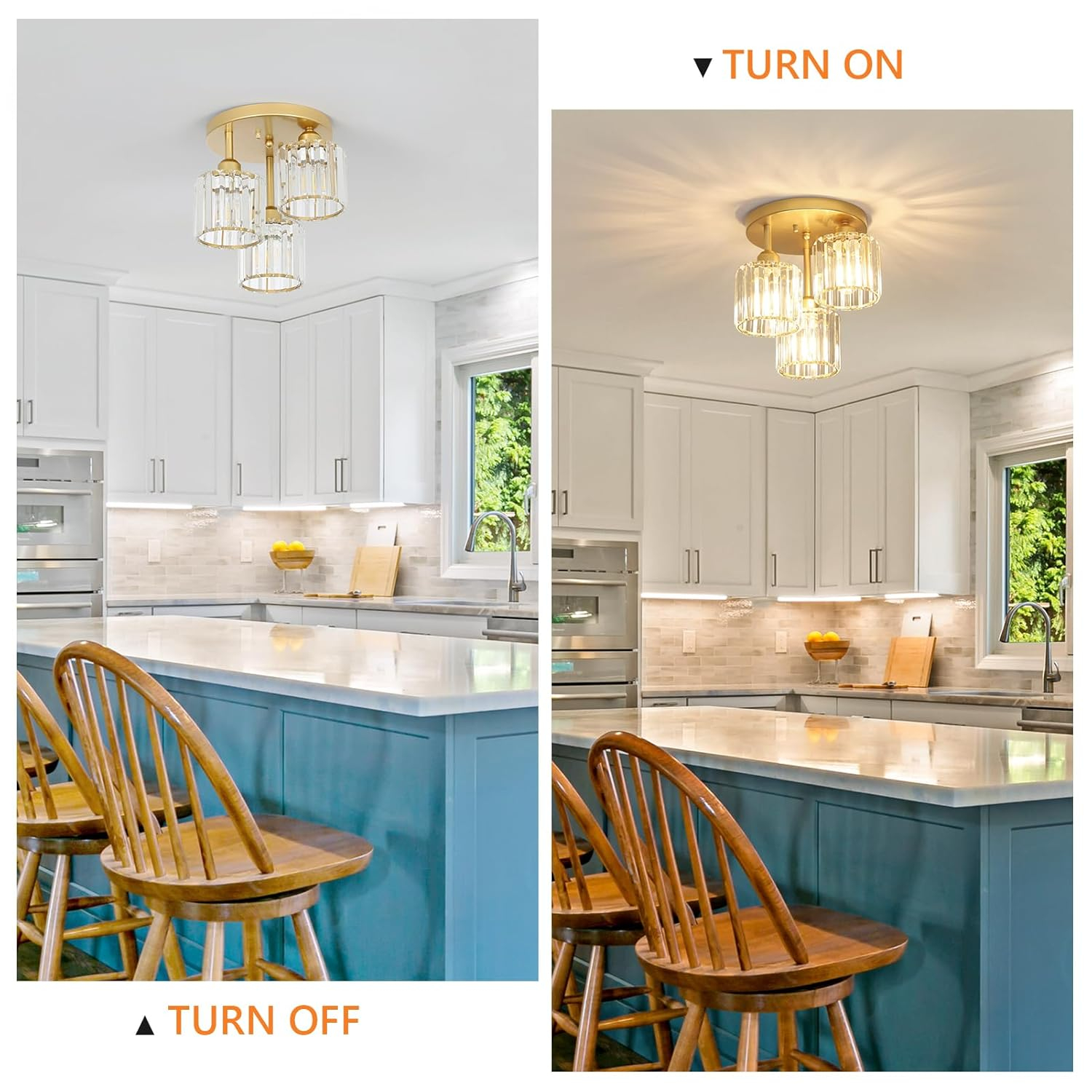 Modern Semi Flush Mount Ceiling Light,3-Light Golden Crystal Close to Ceiling Light Fixtures,Kitchen Light Fixtures with Clear Crystal Shade,Hallway Light Fixtures for Hallway Bedroom Bathroom