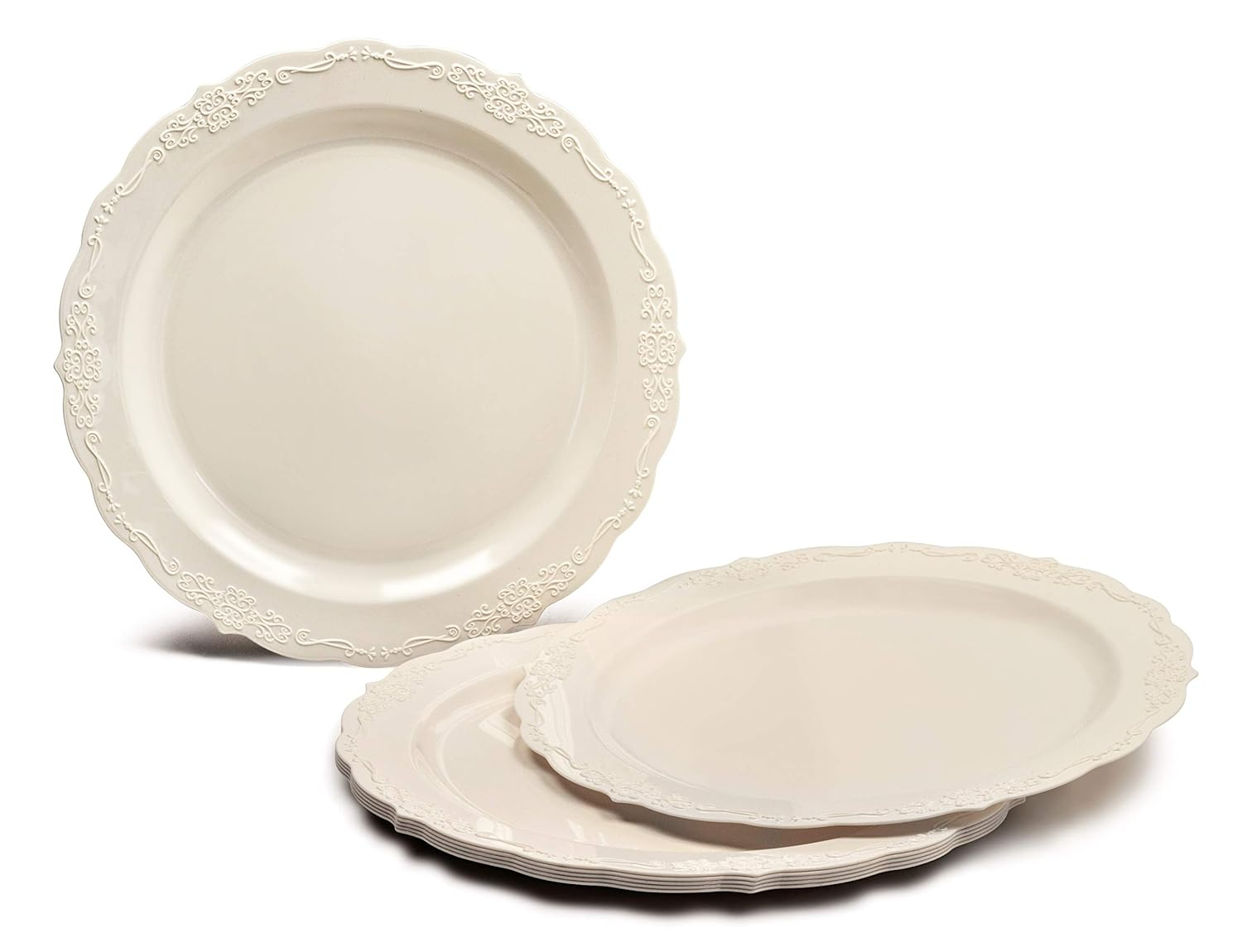 " OCCASIONS " 320 Pieces set (40 Guests)-Vintage Wedding Party Disposable Plastic Plates & cutlery -40 x 10'' + 40 x 7.5'' + Silverware + Cups + Napkins (Verona Plain Ivory)