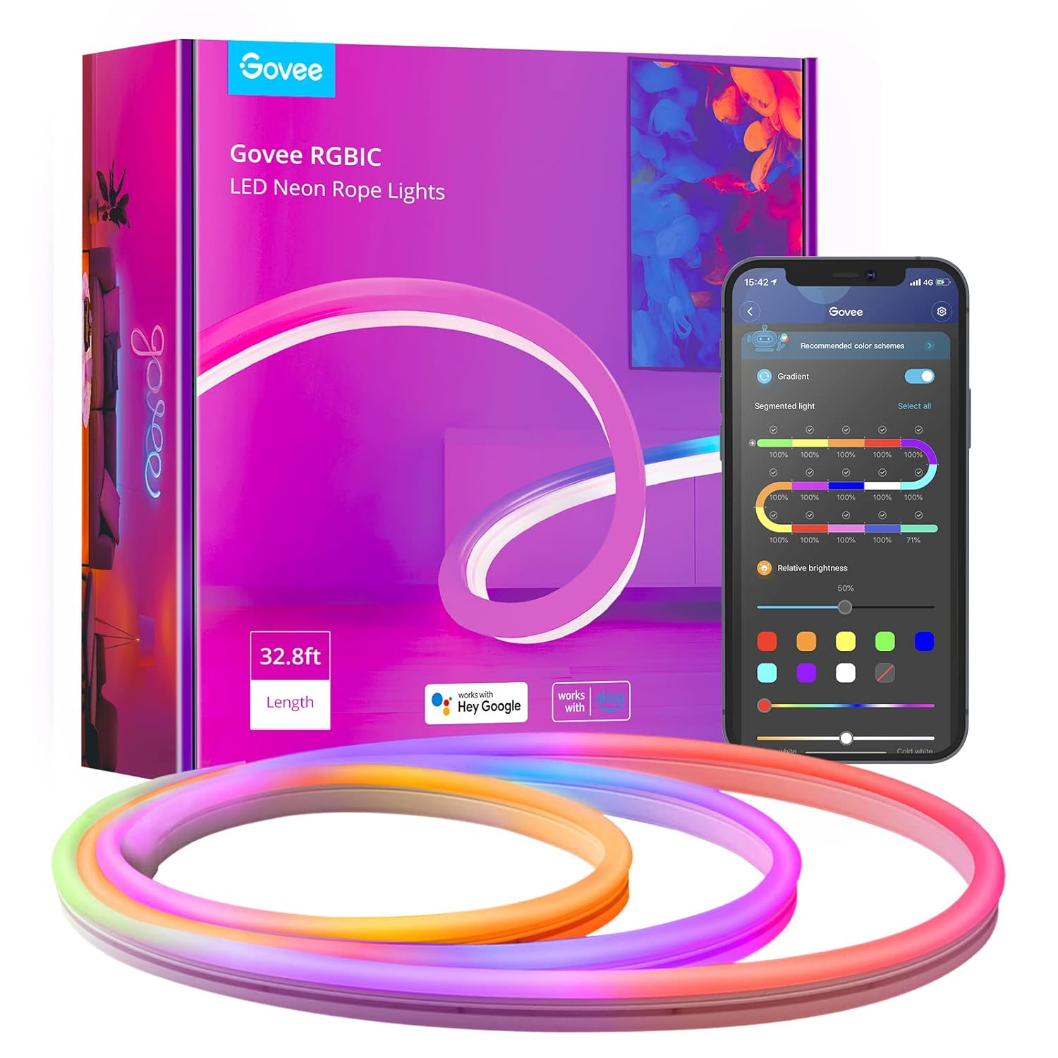 Govee RGBIC Neon Rope Light, 10ft LED Strip Lights, Music Sync, DIY Design, Works with Alexa, Google Assistant, Neon Lights for Gaming Room Living Bedroom Wall Decor (Not Support 5G WiFi)