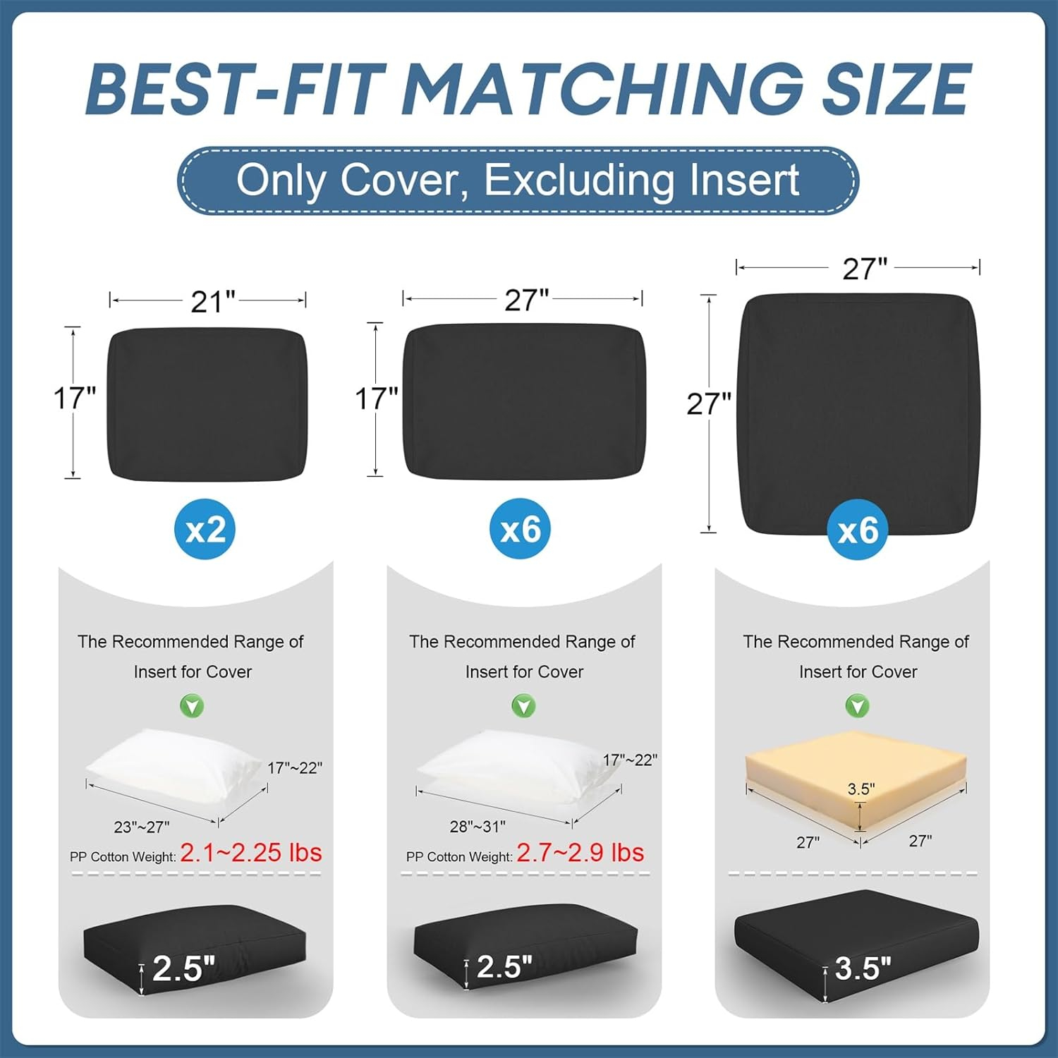 Black Olefin Outdoor Sofa Cushion Covers Set, 27x27 Inch