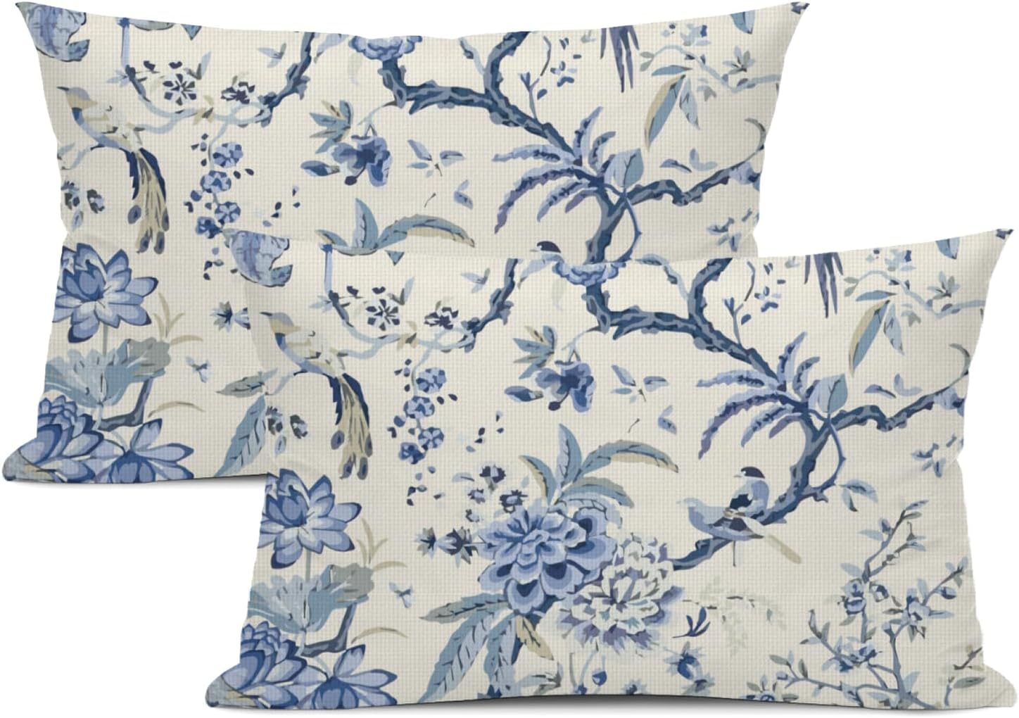 Chinoiserie Lumbar Pillow Covers 12 x 20 Set of 2 Birds Floral Linen Throw Pillow Cover Vintage White and Blue Farmhouse Decorative Pillowcases for Living Room Couch Bed Sofa Outdoor