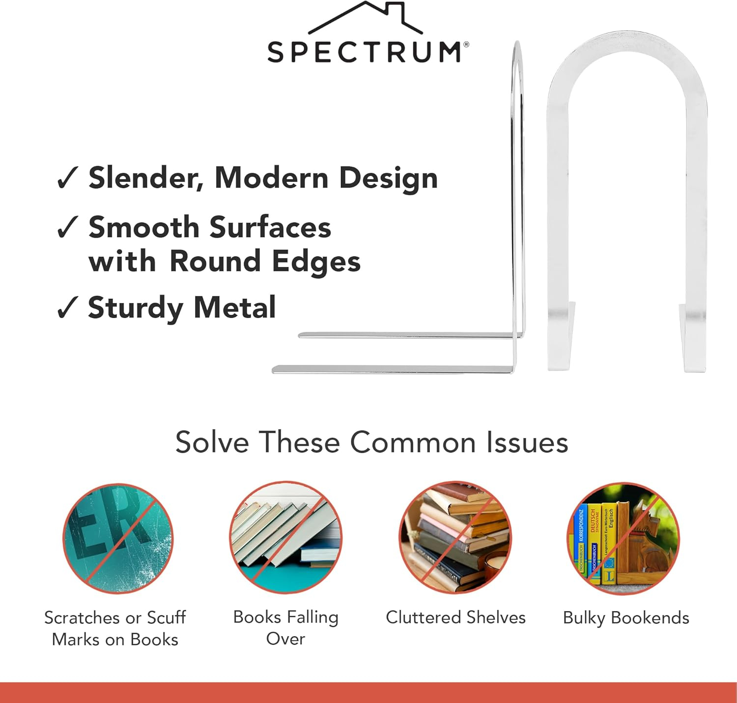 Spectrum Elements Book Ends for Shelves, Large- Decorative Bookends Book Shelf Organizer for Heavy & Light Books - Modern Metal Book Holders with Minimalist Design - Chrome