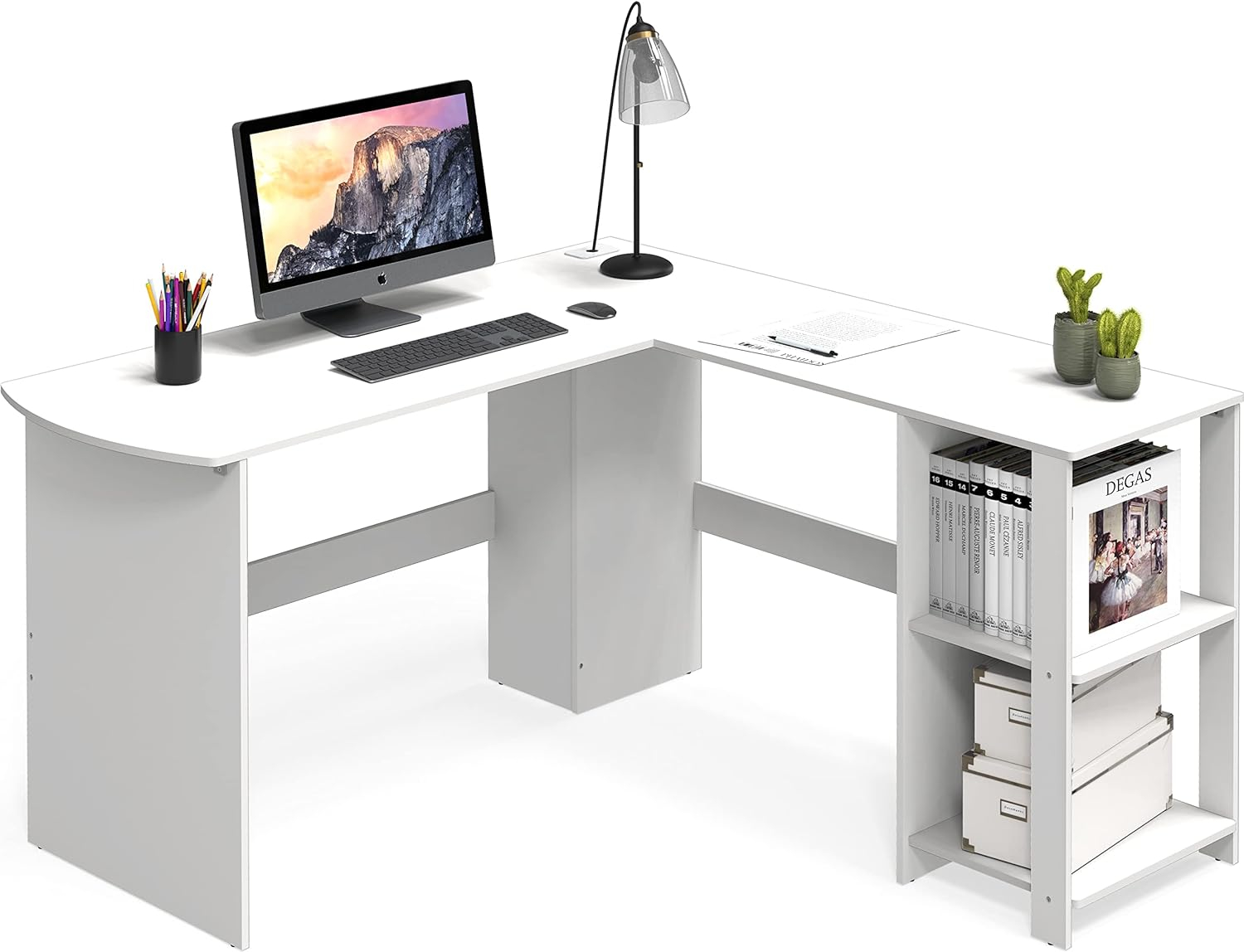 SHW 51 x 51 Inches L-Shaped Home Office Wood Corner Desk wtih Storage, White