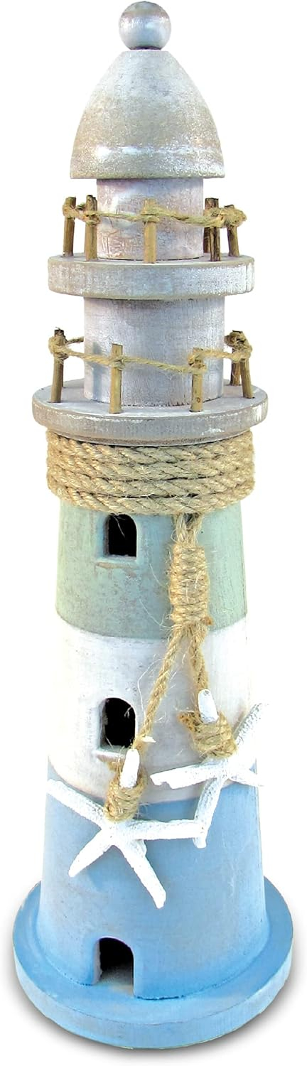 Puzzled COTA Global Ocean Breeze Lighthouse Decor - Handmade and Crafted Wooden Lighthouse Decoration with Starfish, Decorative Beach Style Tabletop Centerpiece - 12.25 Inches