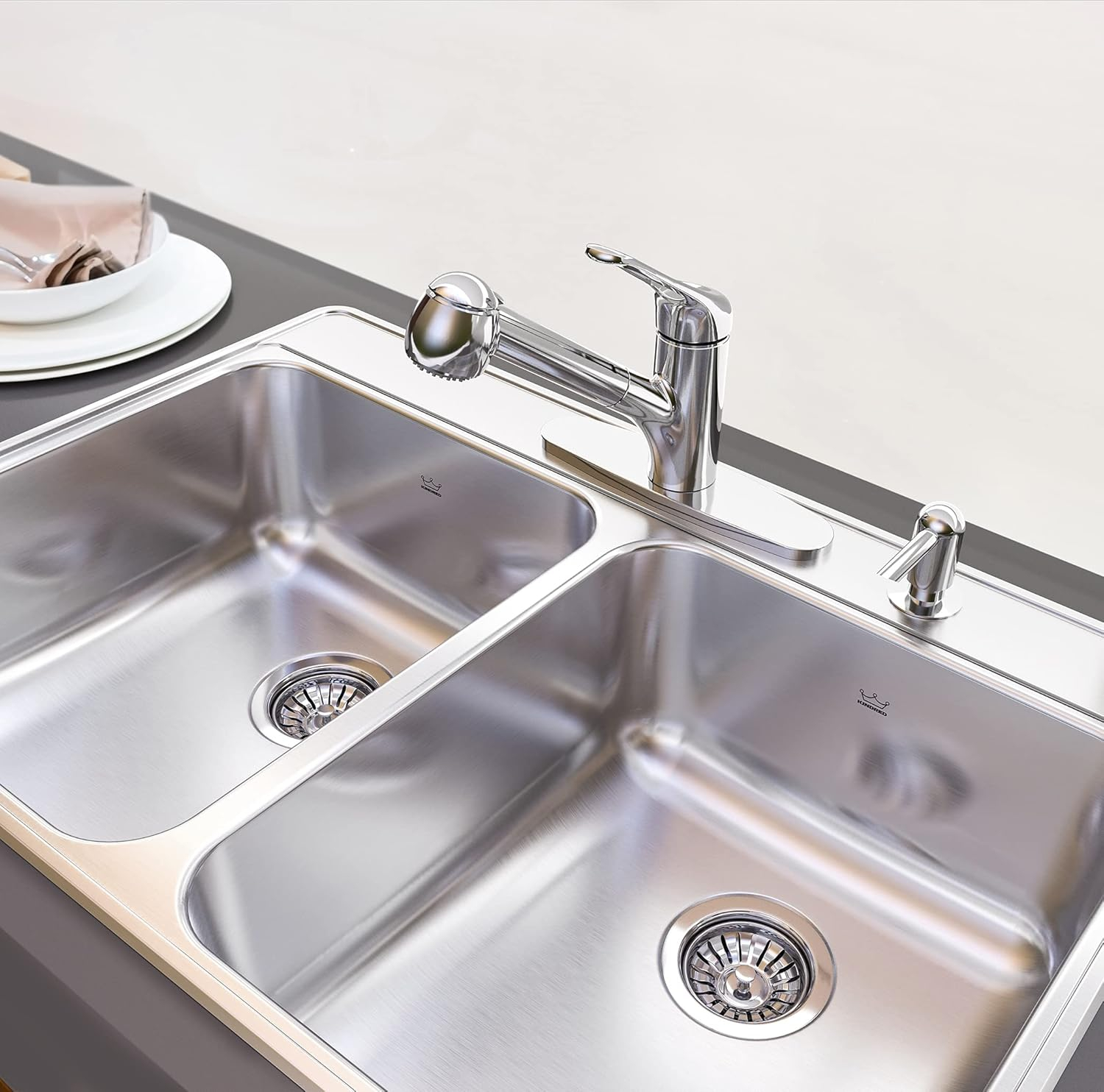 Kindred Creemore 33-in LR x 22-in FB x 8-in DP Drop In Double Bowl 4-Hole Stainless Steel Kitchen Sink, CDLA3322-8-4CBN