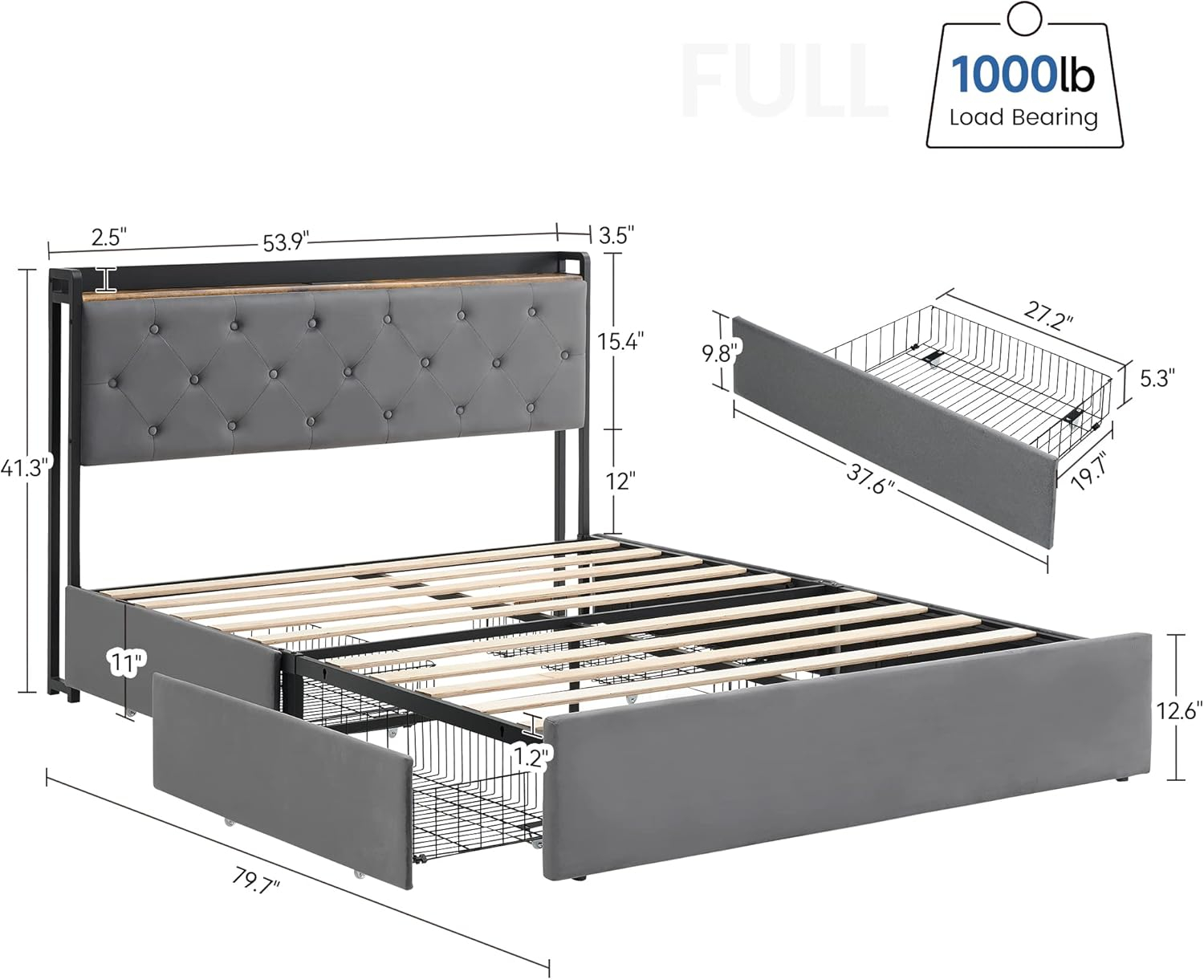 GarveeHome Full Size Bed Frame with 4 Storage Drawers and Charging Station, Upholstered Velvet Platform Bed Frame with Storage Headboard and Sturdy Wooden Slats Support, No Box Spring Needed