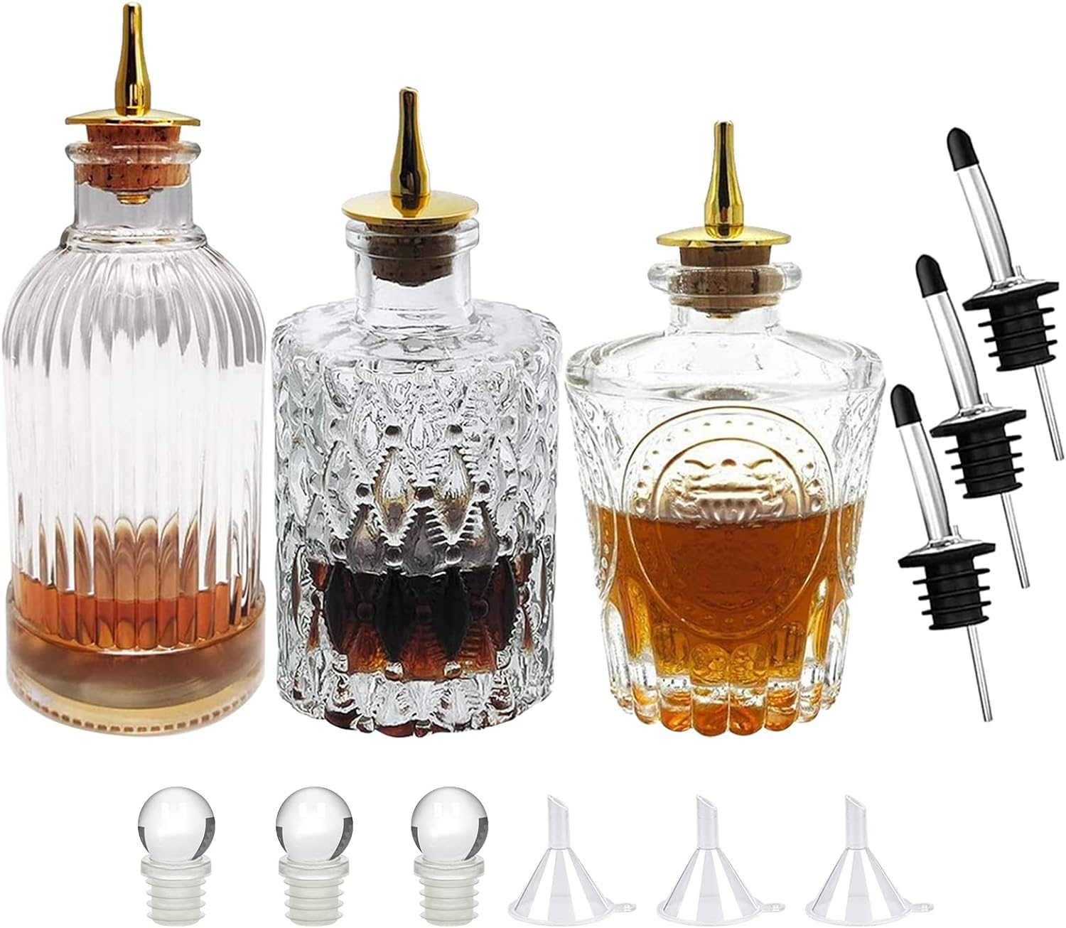 LINALL Bitters Bottle Set - Glass Vintage Bottle, Decorative Bottles with Dash Top, Dasher Bottles for Making Cocktail Great For Bartender Home Bar (3 pack)