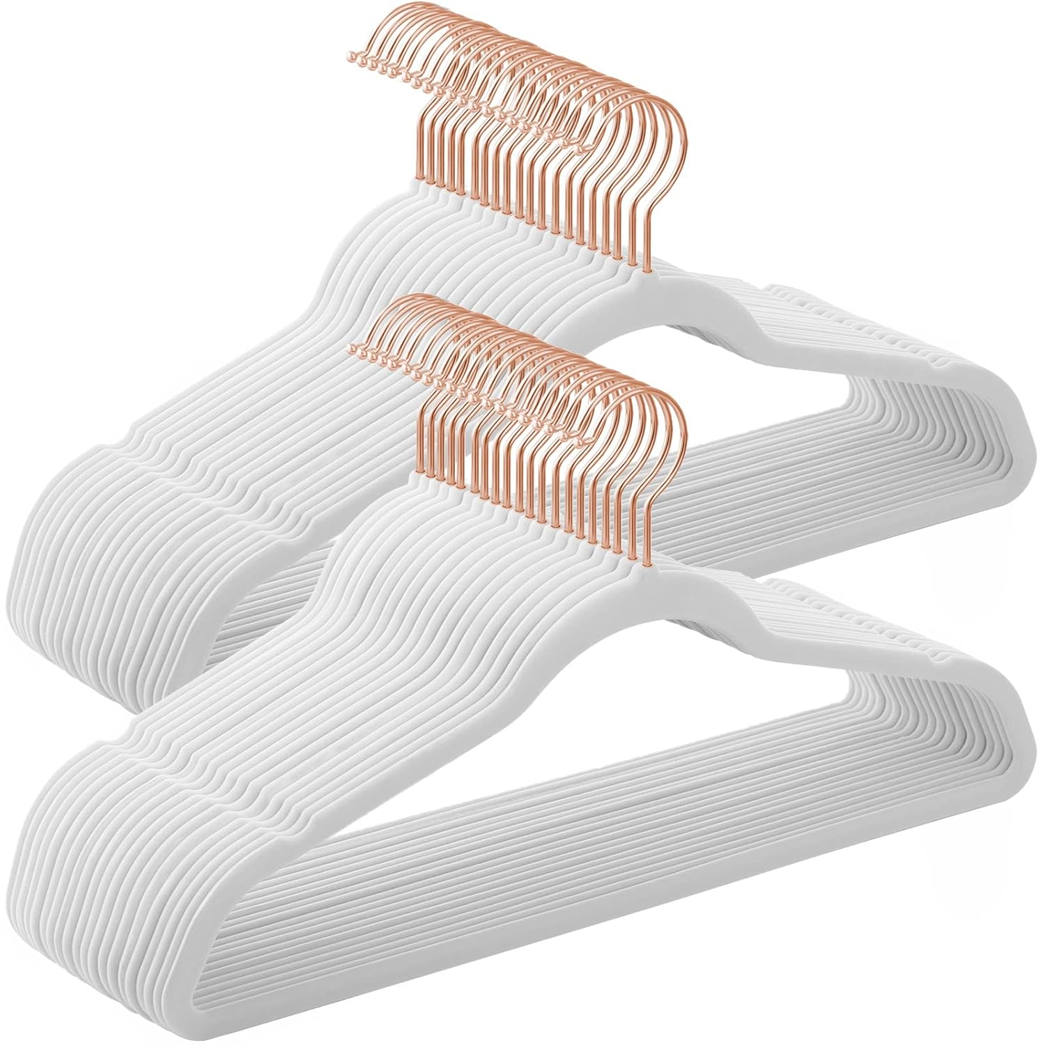 50 Pack Velvet Hangers Non-Slip Clothes Hanger with Rose Gold-Colored Swivel Hooks Space Saving White