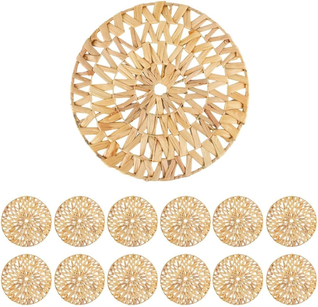 Koyal Wholesale Woven Placemats Set of 12, 14.8" Round Boho Placemats, Water Hyacinth Placemats, Farmhouse Place Mats, Wicker Placemats