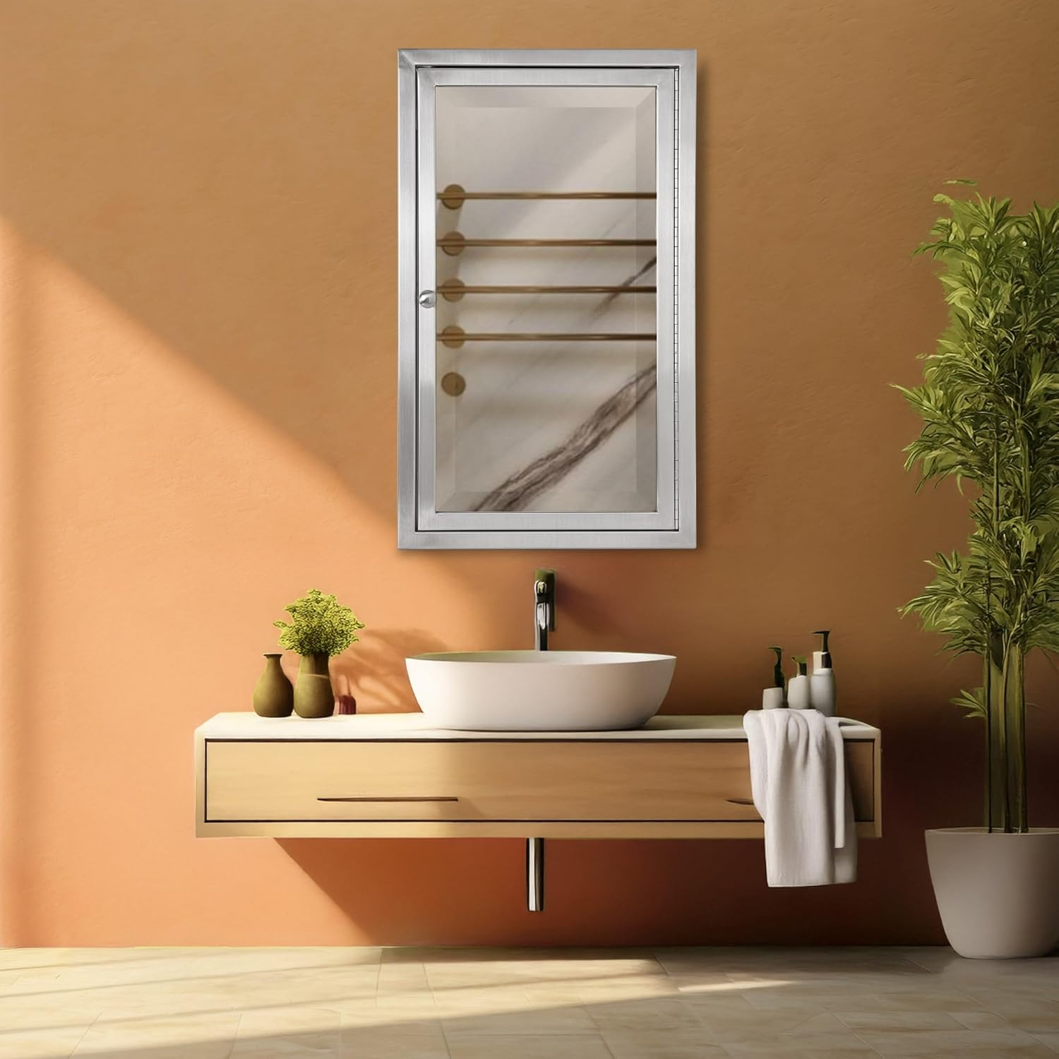 Head West Brushed Nickel Stainless Steel Recessed Medicine Cabinet Framed Accent Mirror - 16" x 26"
