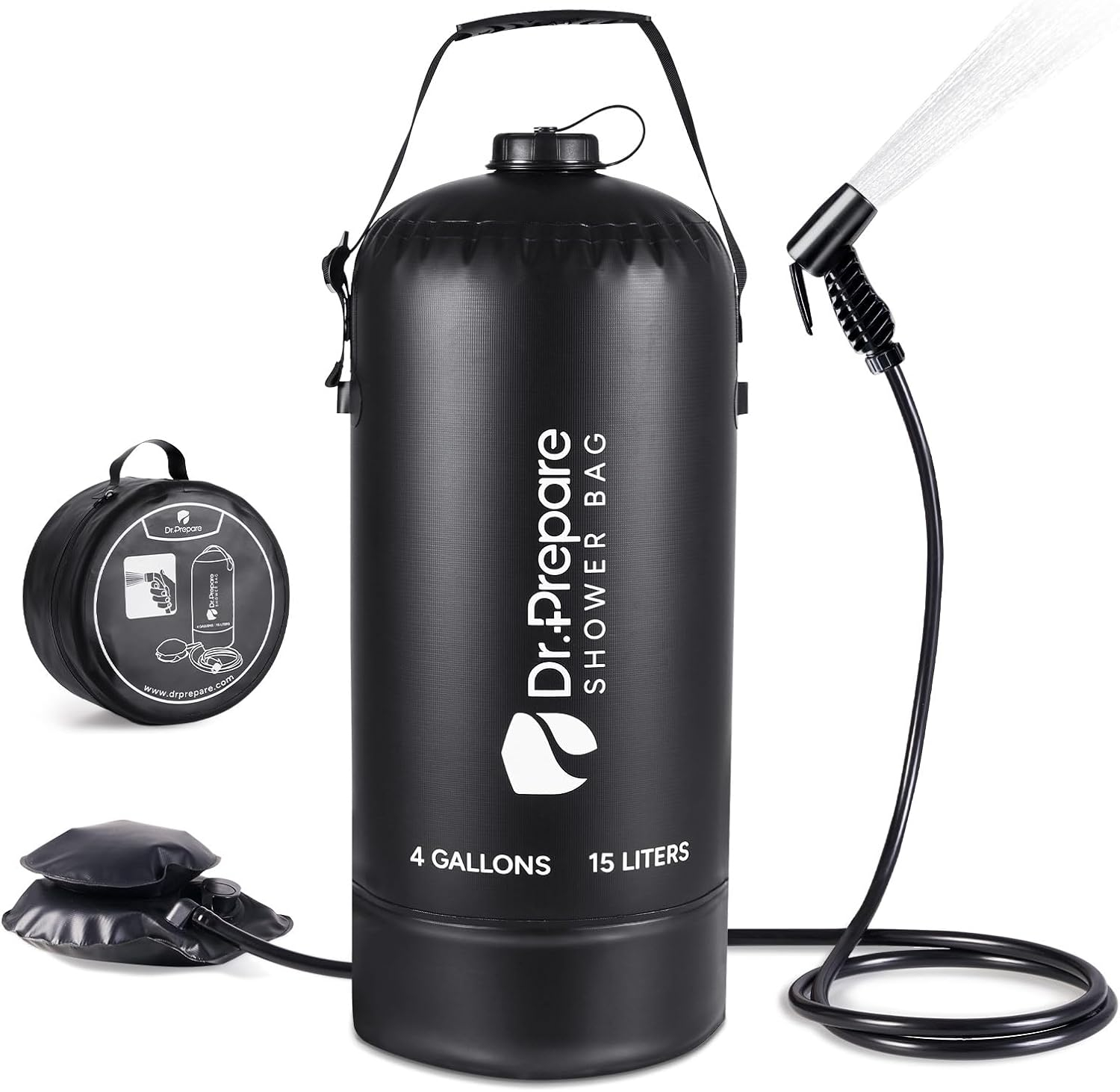 Black PVC Portable Camping Shower with Foot Pump, 5 Gallons