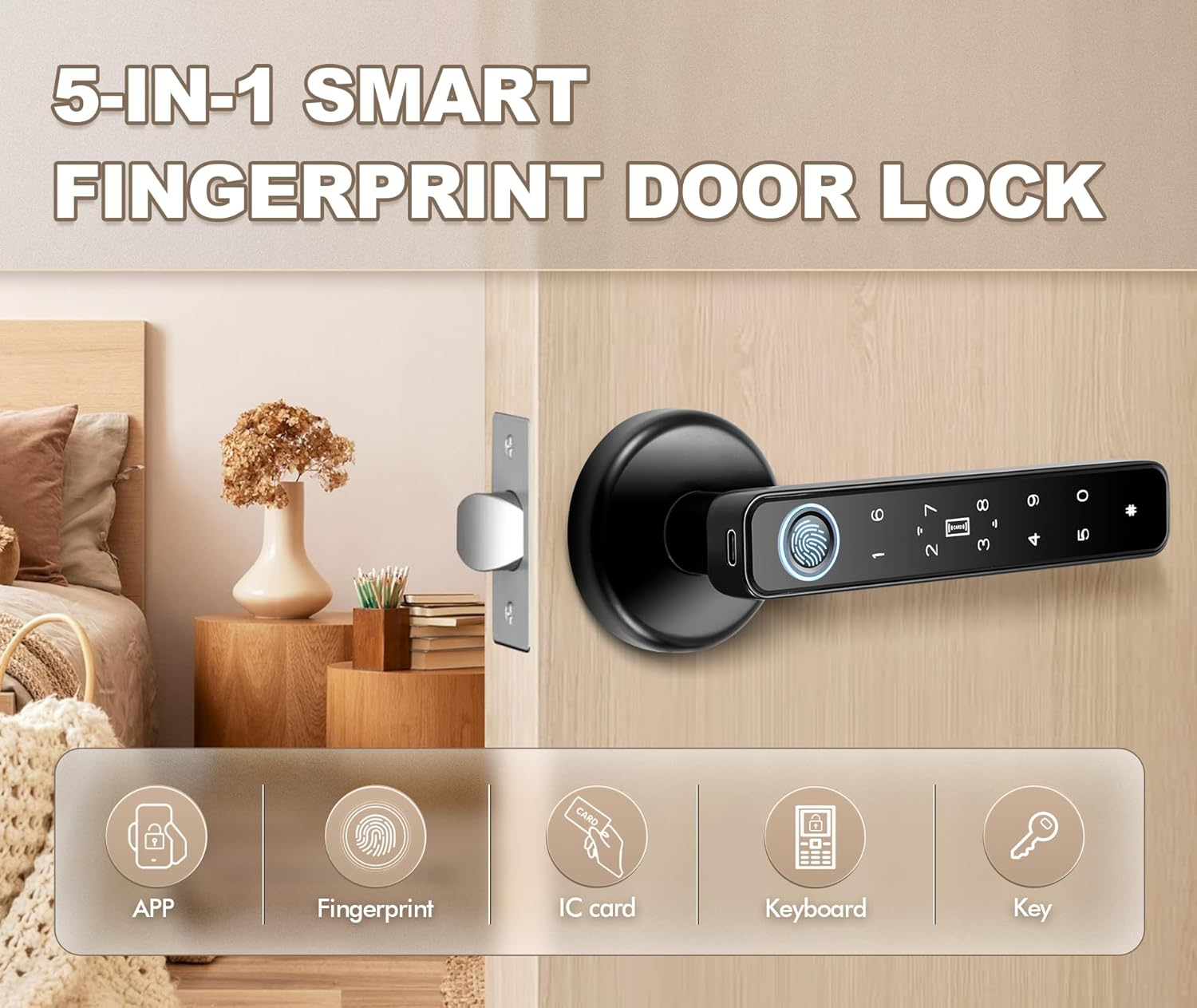 Fingerprint Door knob, Full Function 5-in-1 Smart Door Knob, Fingerprint Door Lock for Bedroom, Office, Hotel, Closet, Biometric Door Knob