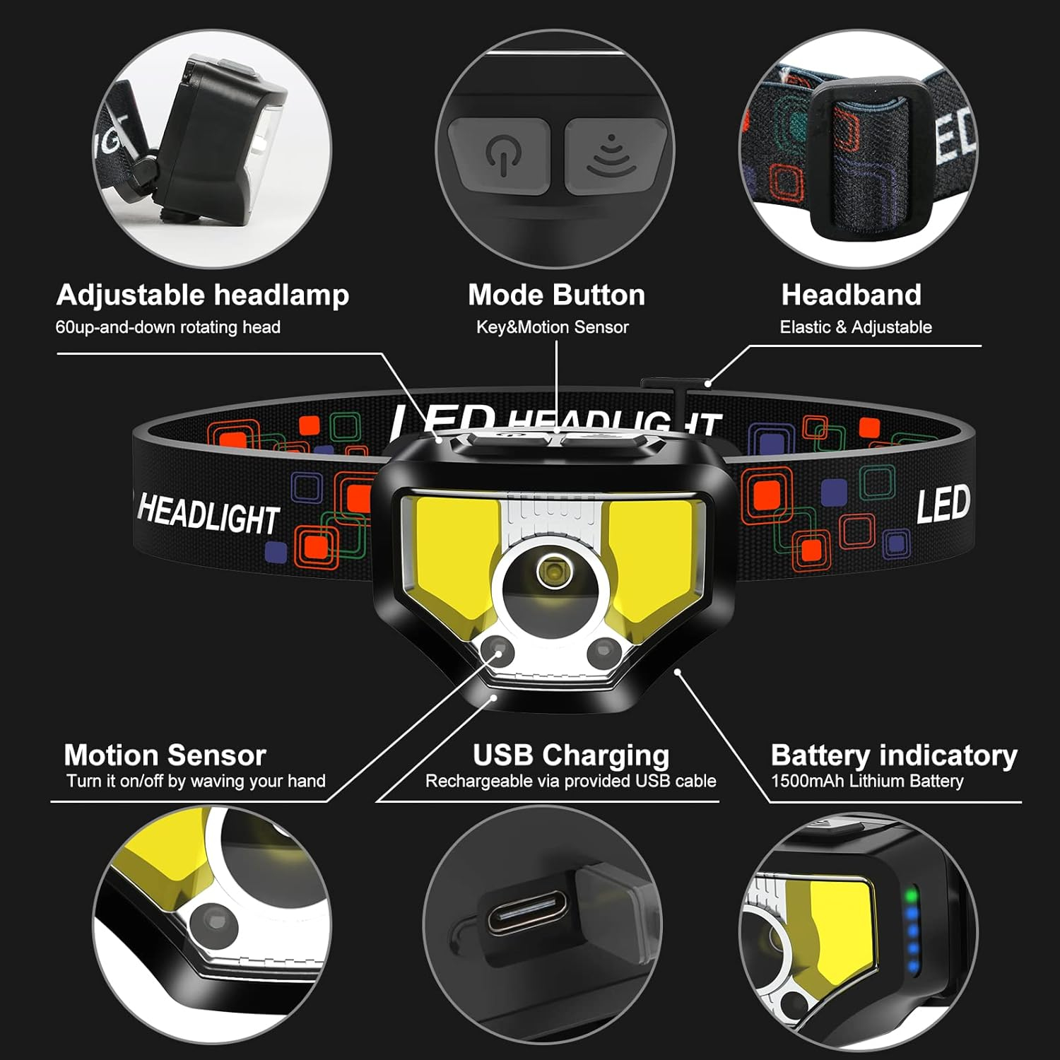Headlamp Rechargeable, 2-Pack 1200 Lumen Super Bright with White Red LED Head Lamp Flashlight, 12 Modes, Motion Sensor, Waterproof, Outdoor Fishing Camping Running Cycling Headlight
