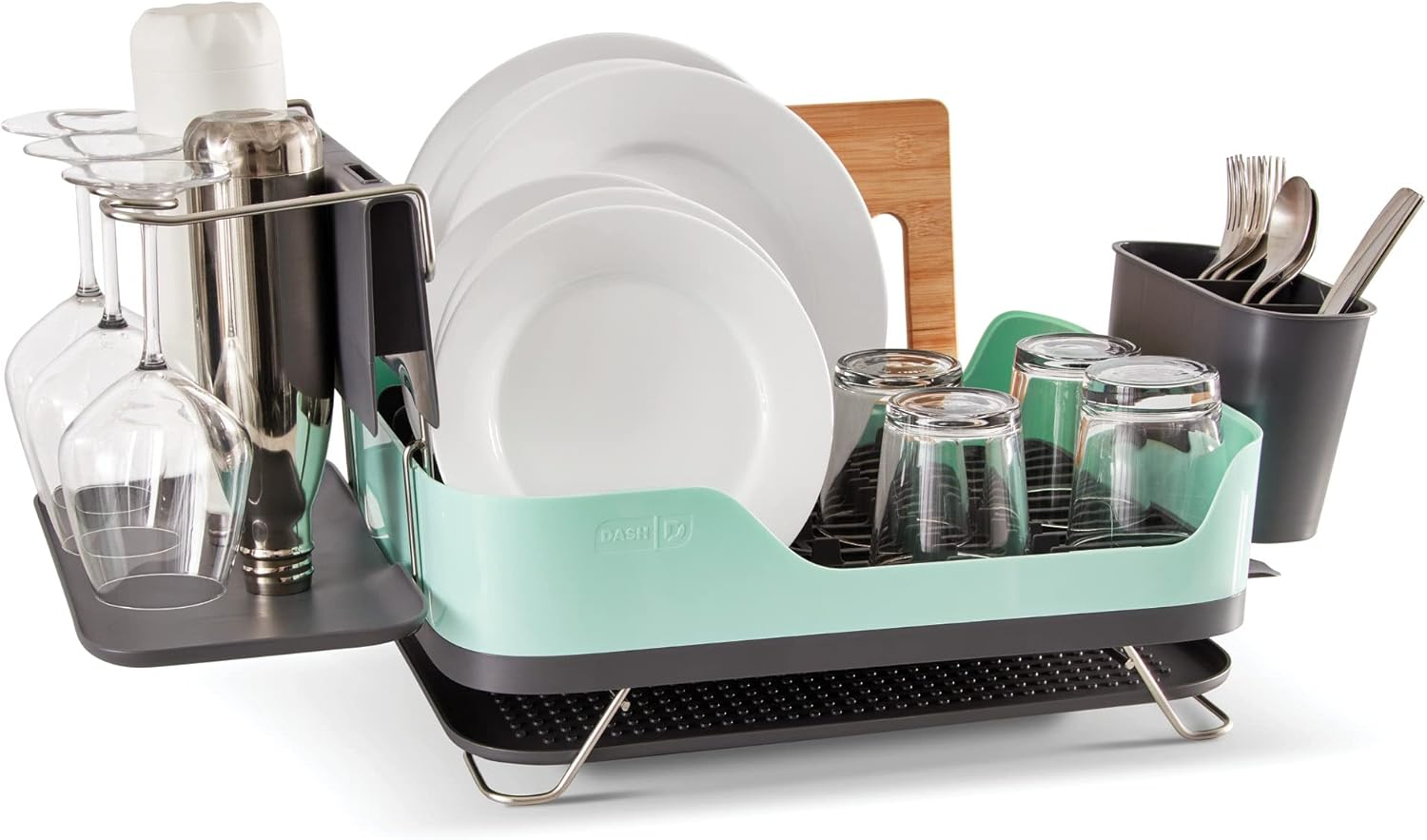 Aqua Metal Dish Rack with Utensil Cup and Drainage Spout