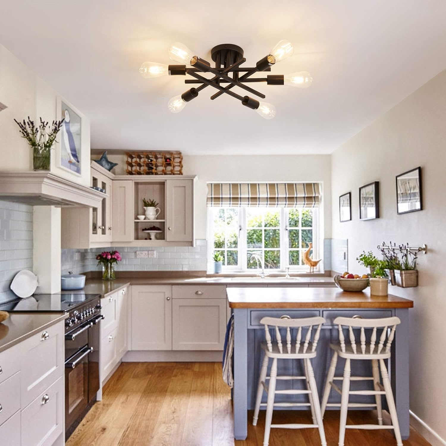 Semi Flush Mount Modern Ceiling Light Fixture， 6 Lights Black Vintage Matte Sputnik Chandelier Ceiling Lamp with E26 Bulb Base [Bulbs Not Included]