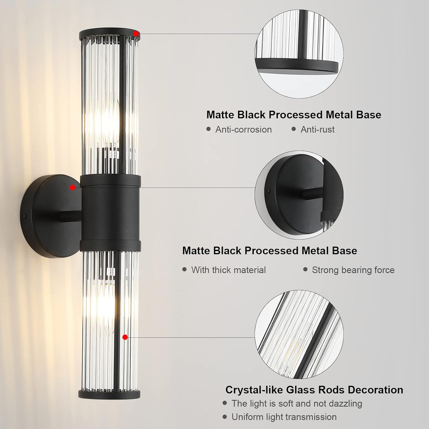 Bathroom Light Fixtures 2-Light Matte Black Bathroom Vanity Light Modern Wall Lights for Bedroom Bath Mirror Lights with Glass Rods Shades for Mirror Bedroom Hallway