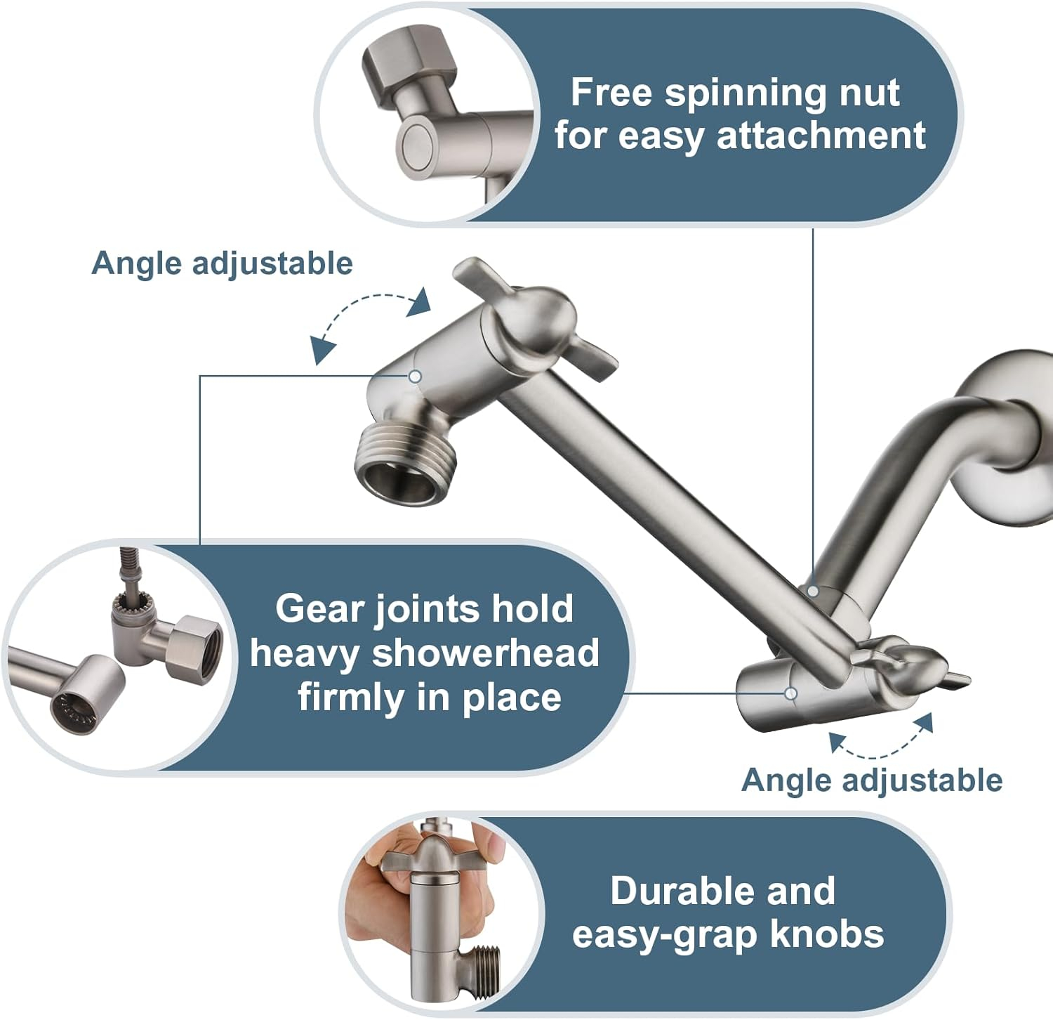 BRIGHT SHOWERS Brass Shower Arm Extender for Rain and Handheld Shower Head, 5 Inch Universal Shower Head Extension Arm, Height & Angle Adjustable, Brushed Nickel