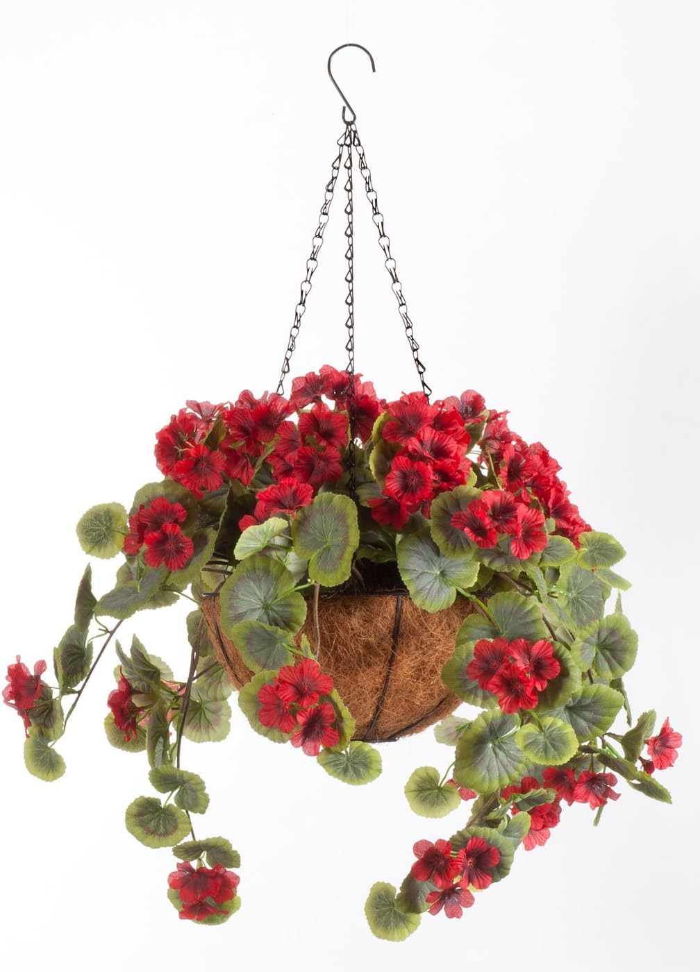 OakRidge Miles Kimball Cesta Colgante de Geranio Artificial Completamente Ensamblada, Cadena de 10” de Diámetro y 18” – Cesta Roja de Poliéster/plástico con Forro de Fibra de Metal y Coco para Uso en Interiores y Exteriores