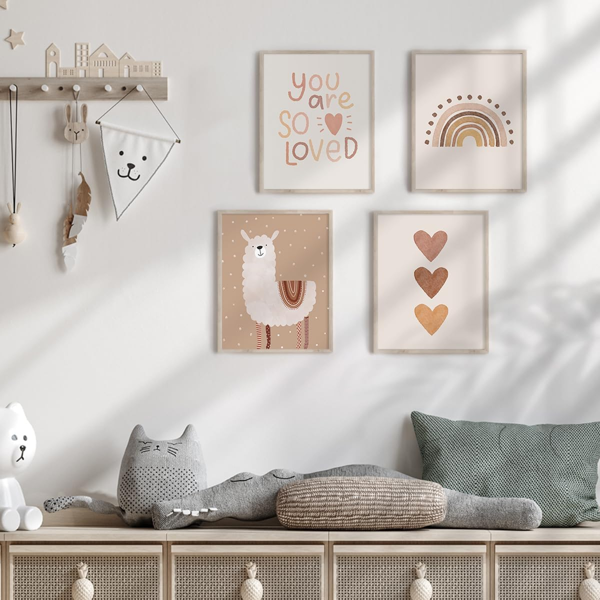 Canssape Boho Nursery Decor Set of 4 (Unframed) 8in x 10in Canvas Wall Art Lovely Alpaca Safari Decorations for Baby Room Nursery Wall Decor with Rainbow and Cactus Creative Alphabet Chat (Love)