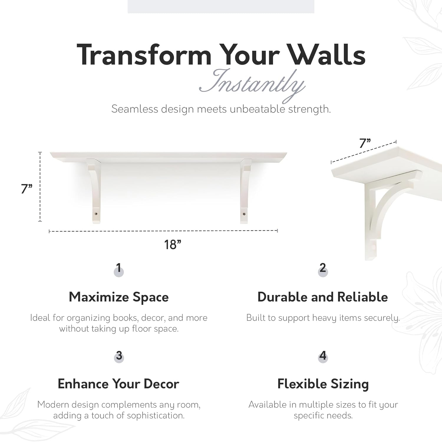 InPlace Shelves, 18Wx7Dx7H, Wood Cottage Bracket Floating Wall Mounted Display Shelf, White
