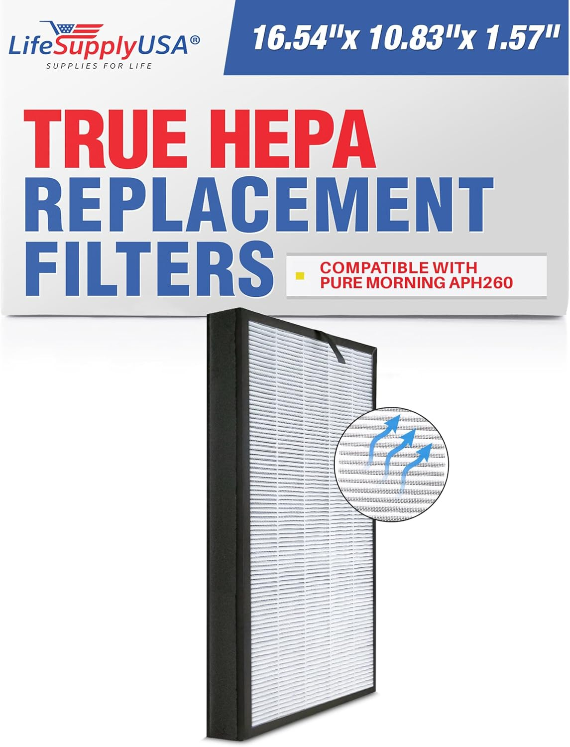 LifeSupplyUSA 3-in-1 True HEPA Air Replacement + Pre + Carbon Filter Compatible with Pure Morning APH260 Air Purifiers (1 Pack)
