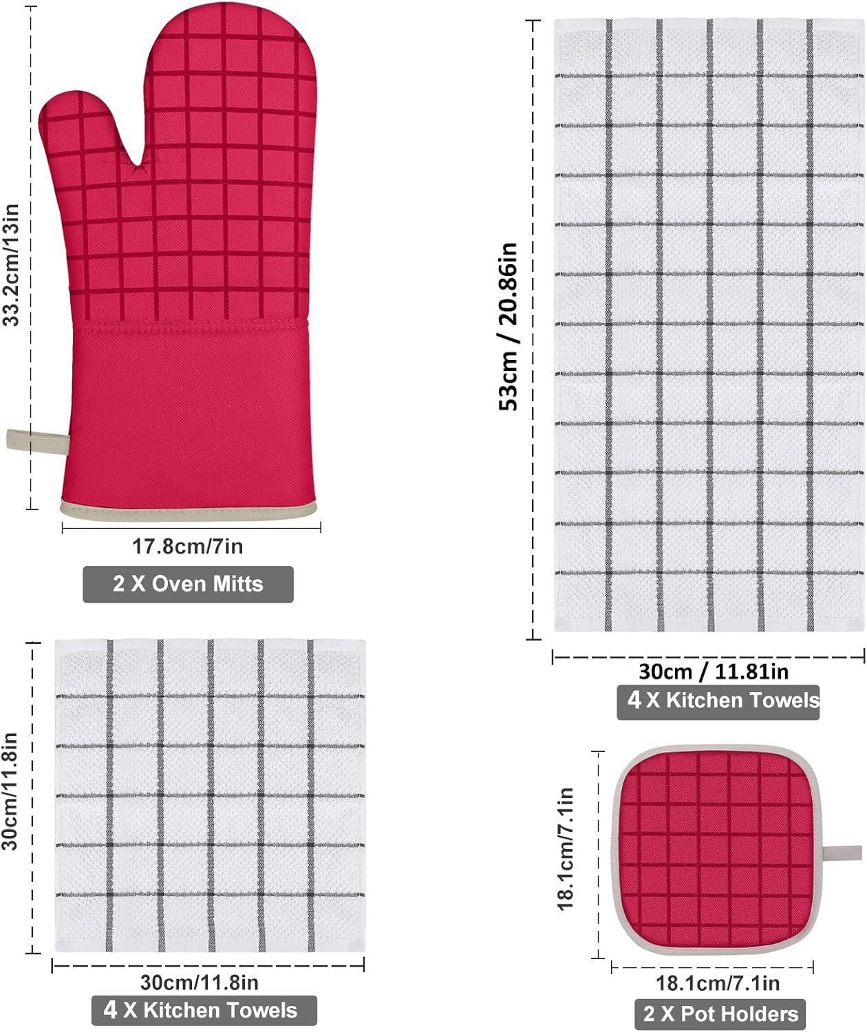 Oven Mitts and Pot Holders Set with Kitchen Towels and Dishcloths, 500 Degree Heat Resistant Oven Gloves and Hot Pads, Premium Soft Cotton Kitchen Hand Towels and Dish Cloth Sets (Red)
