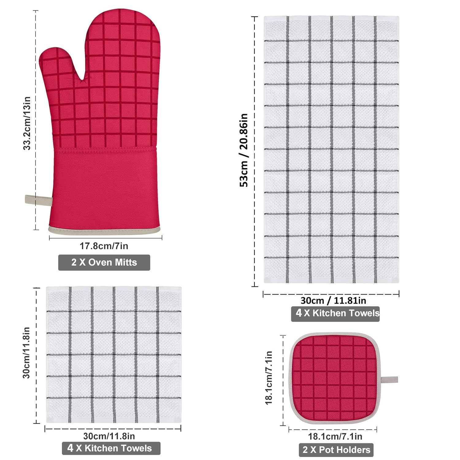 Oven Mitts and Pot Holders Set with Kitchen Towels and Dishcloths, 500 Degree Heat Resistant Oven Gloves and Hot Pads, Premium Soft Cotton Kitchen Hand Towels and Dish Cloth Sets (Red)