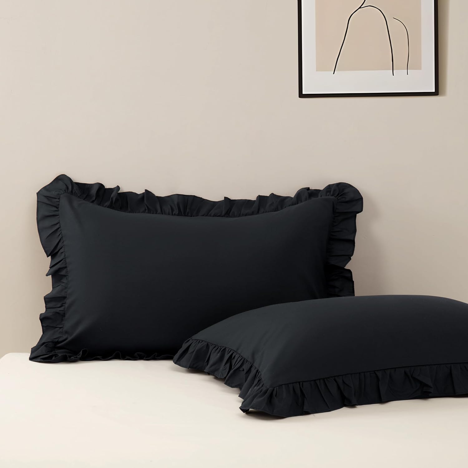 Grace Linen Ruffle Pillow Shams Standard Size Set of 2, 20X26 - Microfiber Soft & Breathable & smooth - Ruffle Pillowcases 20X26 - Black