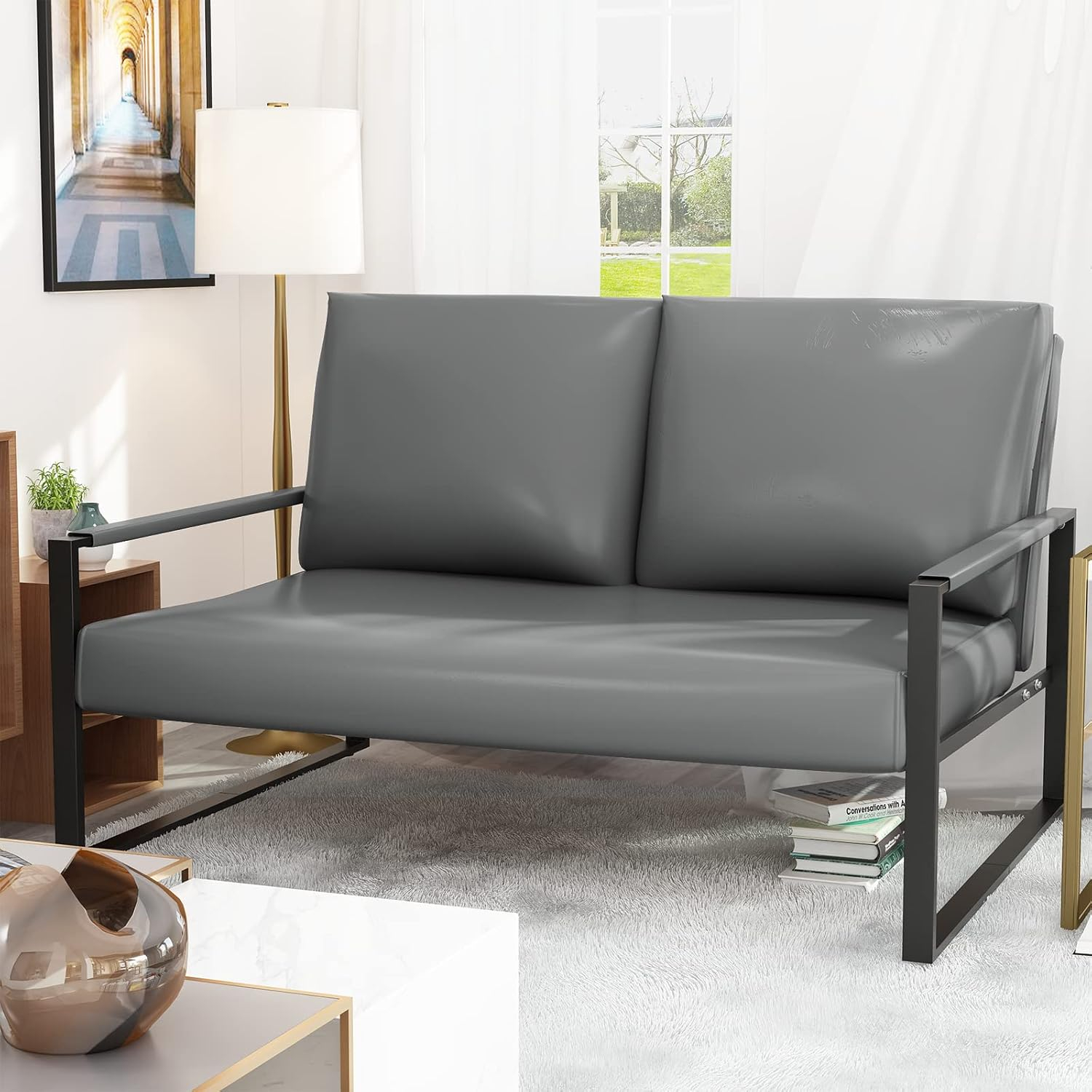 Grey Faux Leather Mid-Century Modern Loveseat with Metal Frame