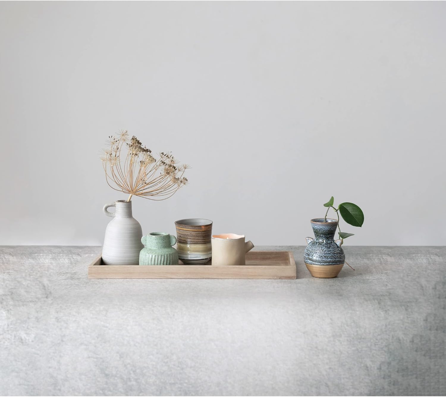 Creative Co-Op Mango Wood Tray with 3 Vases and 2 Planters, Multicolor Reactive Glaze, Set of 6