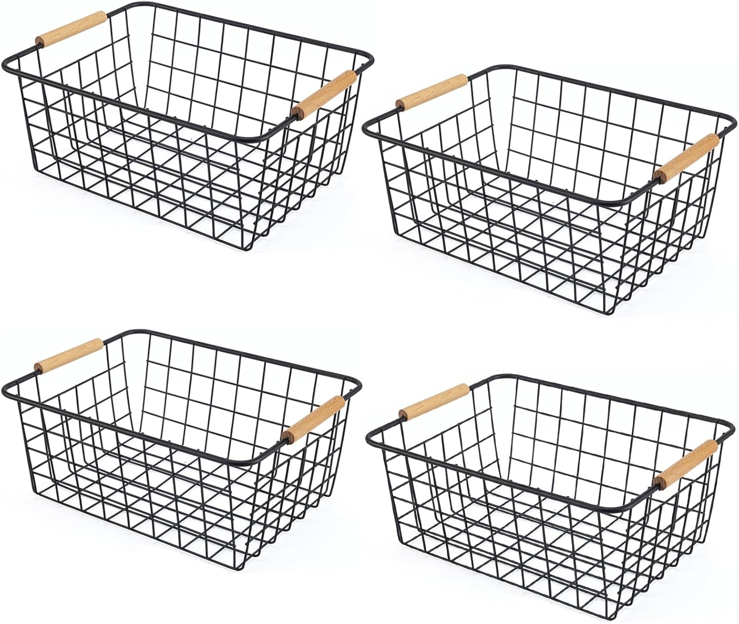 Wire Basket 2 Pcs Wire Storage Baskets Wire Baskets Organizing with Wooden Handles Wire Basket Pantry Organization and Storage Metal Wire Food Storage Basket for Kitchen, Cabinets (White 2PCS)