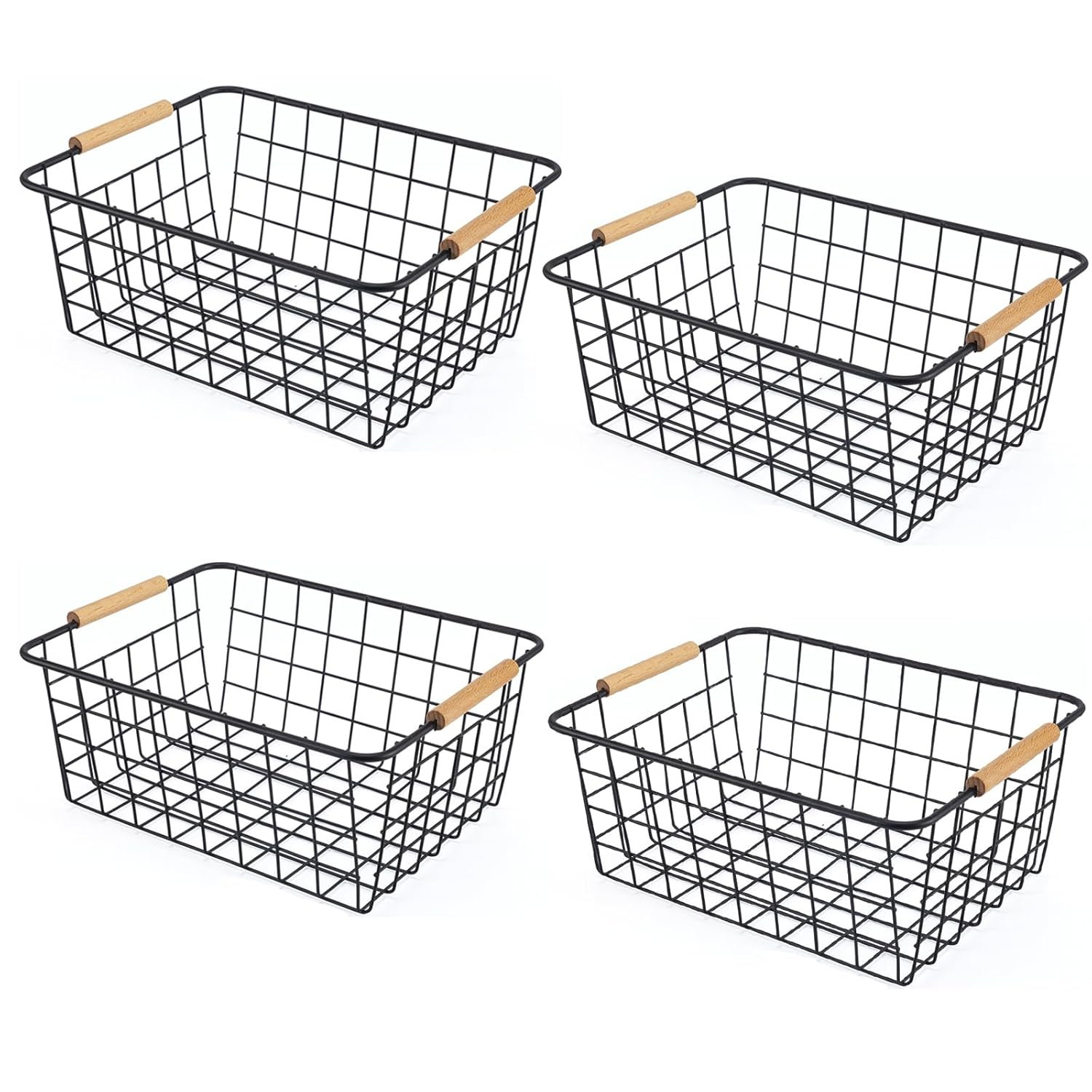 Wire Basket 2 Pcs Wire Storage Baskets Wire Baskets Organizing with Wooden Handles Wire Basket Pantry Organization and Storage Metal Wire Food Storage Basket for Kitchen, Cabinets (White 2PCS)