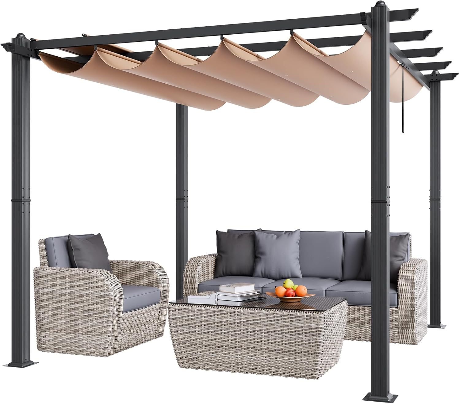 VEVOR 10'x10' Outdoor Retractable Pergola with Canopy, Aluminum Pergola with Retractable Canopy, Modern Pergola with Sun Shade Canopy for Patios, Gardens, Decks, Backyards (Beige)