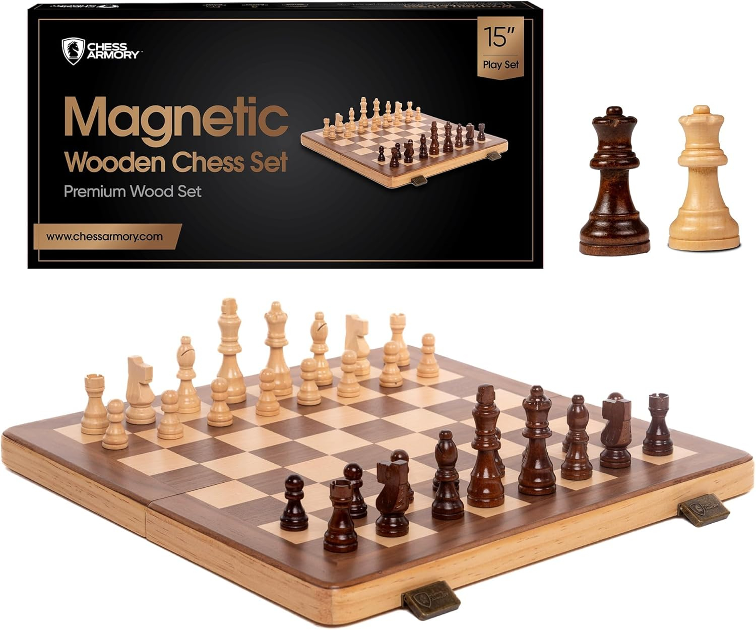 Chess Armory 15" Magnetic Wooden Chess Set with Extra Queens & Storage Box - Perfect for Adults & Kids