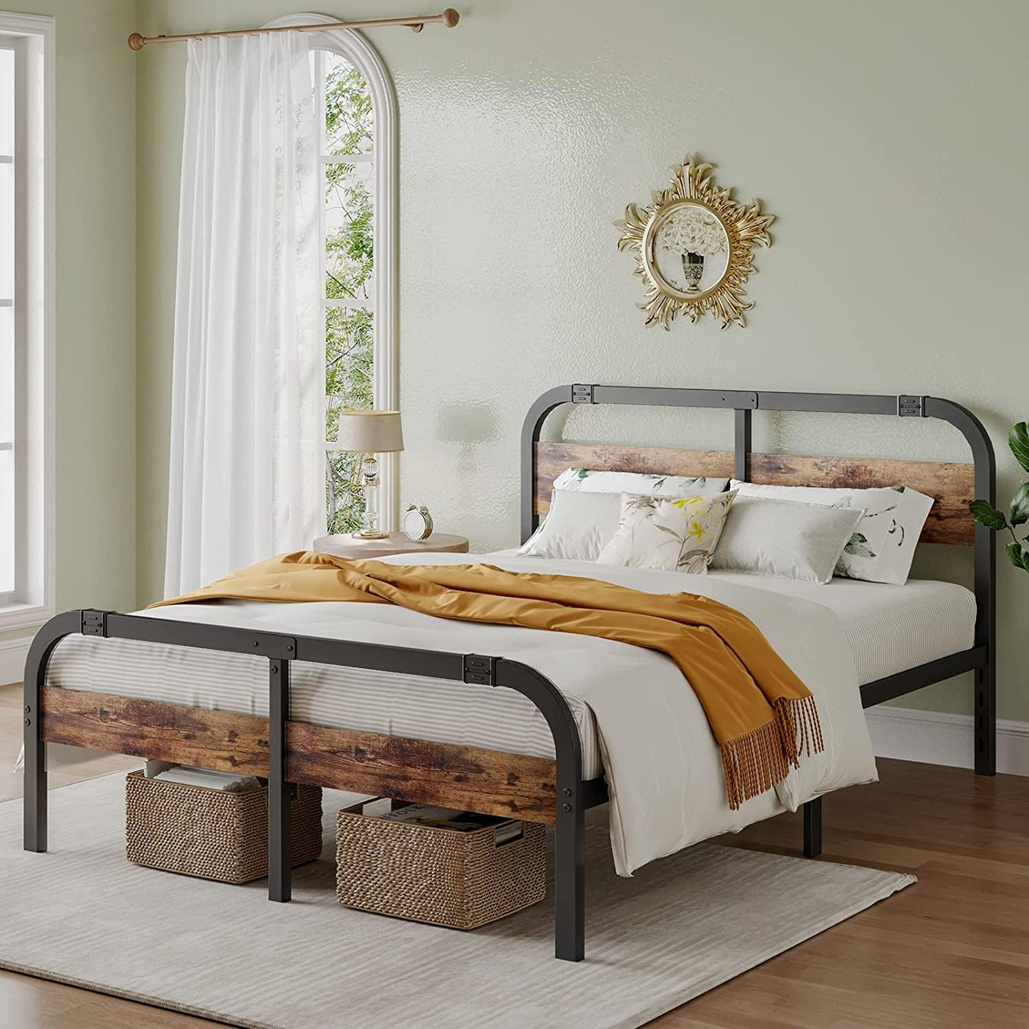 ZIYOO Industrial Style Metal Twin XL Bed Frame with Rustic Wood Headboard and Footboard, 14 Inch High Heay Duty Steel Slats Support No Box Spring Needed，Easy Assembly Structure