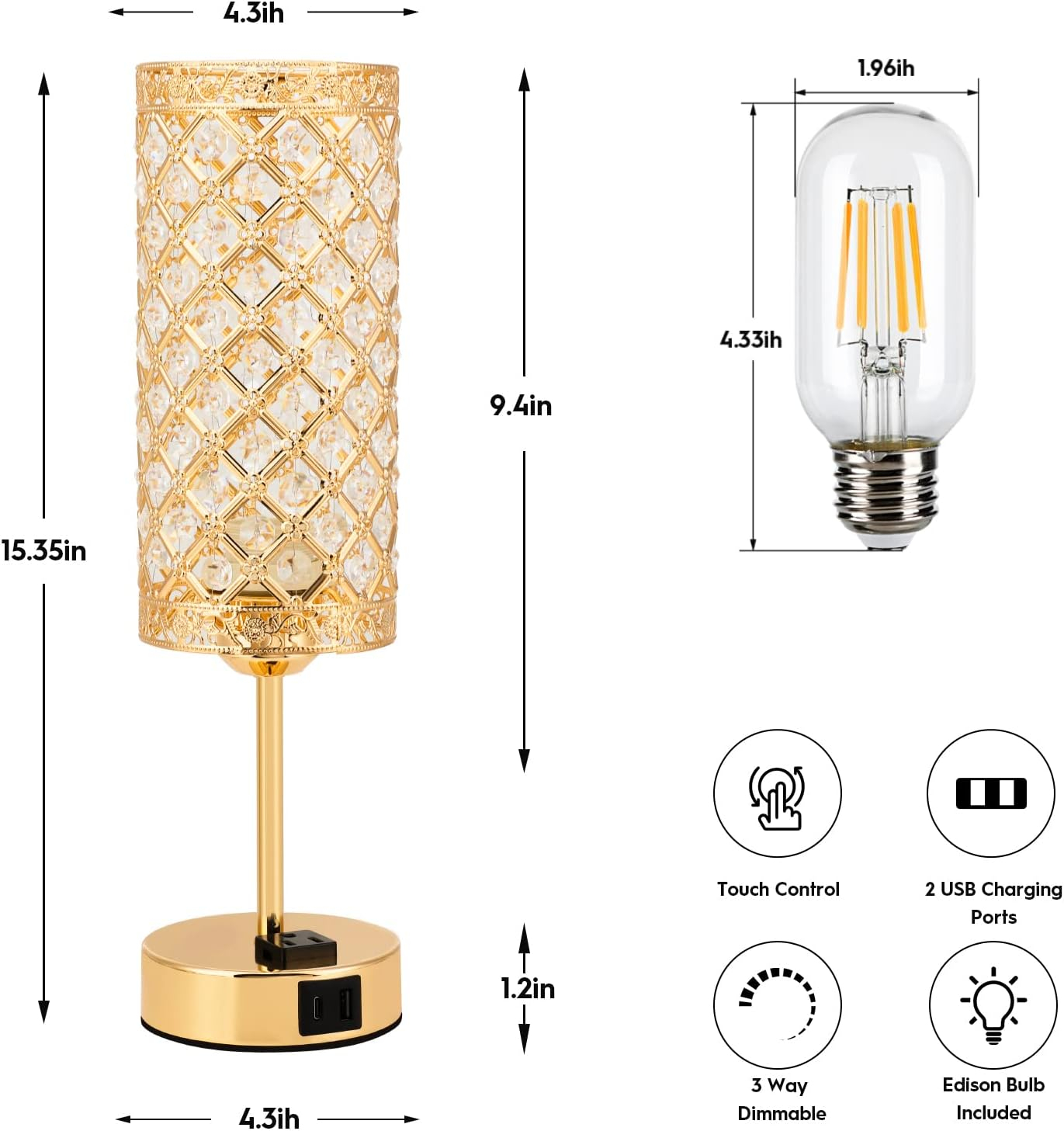 USB Crystal Table Lamp, Gold Table Lamp USB A+C Charging Ports&Multiple Outlet,3 Way Dimmable Bedside Lamp Decorative Modern Nightstand Lamp with Bulb for Living Room Bedroom Sofa Table