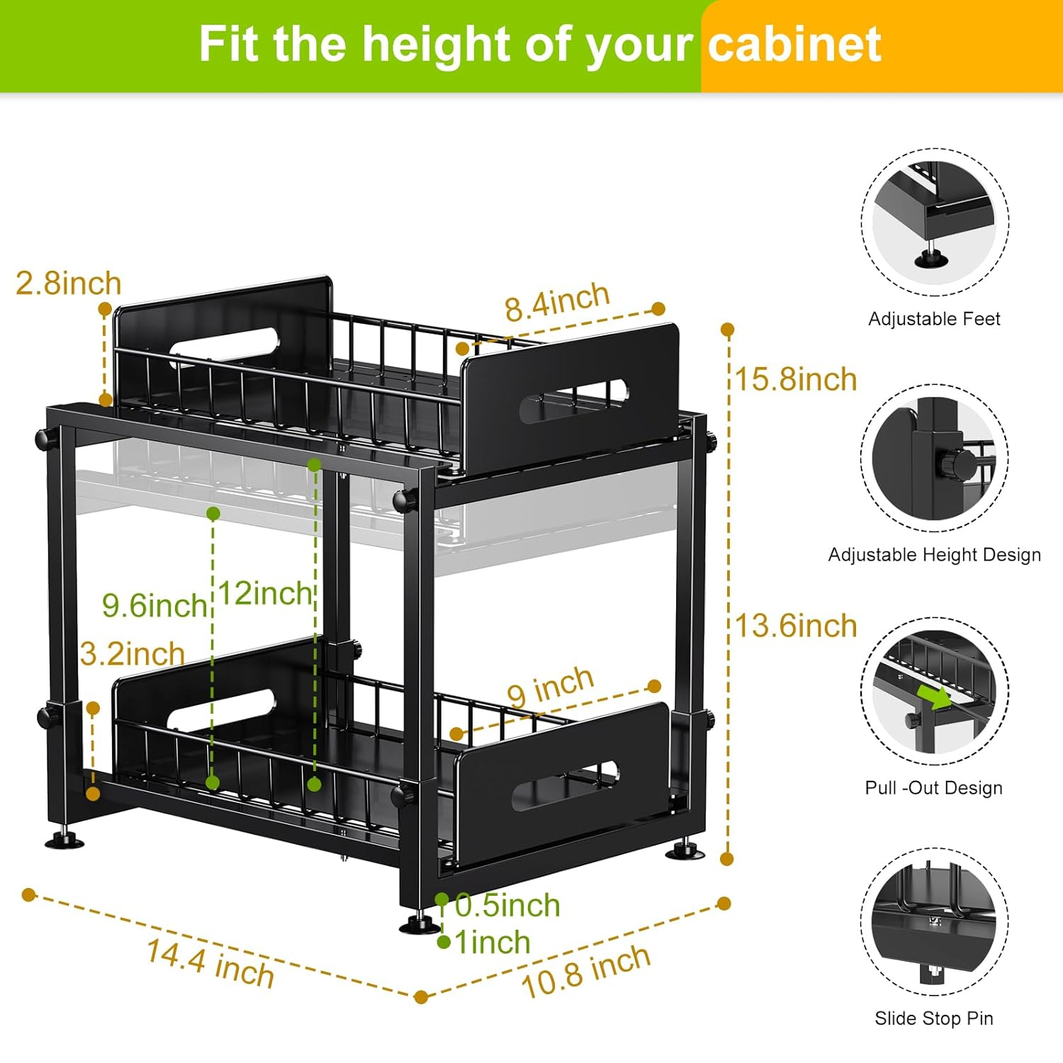 2 Pack Under Sink Organizer,Kitchen Organizers and Storage with Sliding,2 Tier Pull Out Cabinet Organizer,Adjustable Height Metal Rack for Kitchen Bathroom Storage Counter Organization
