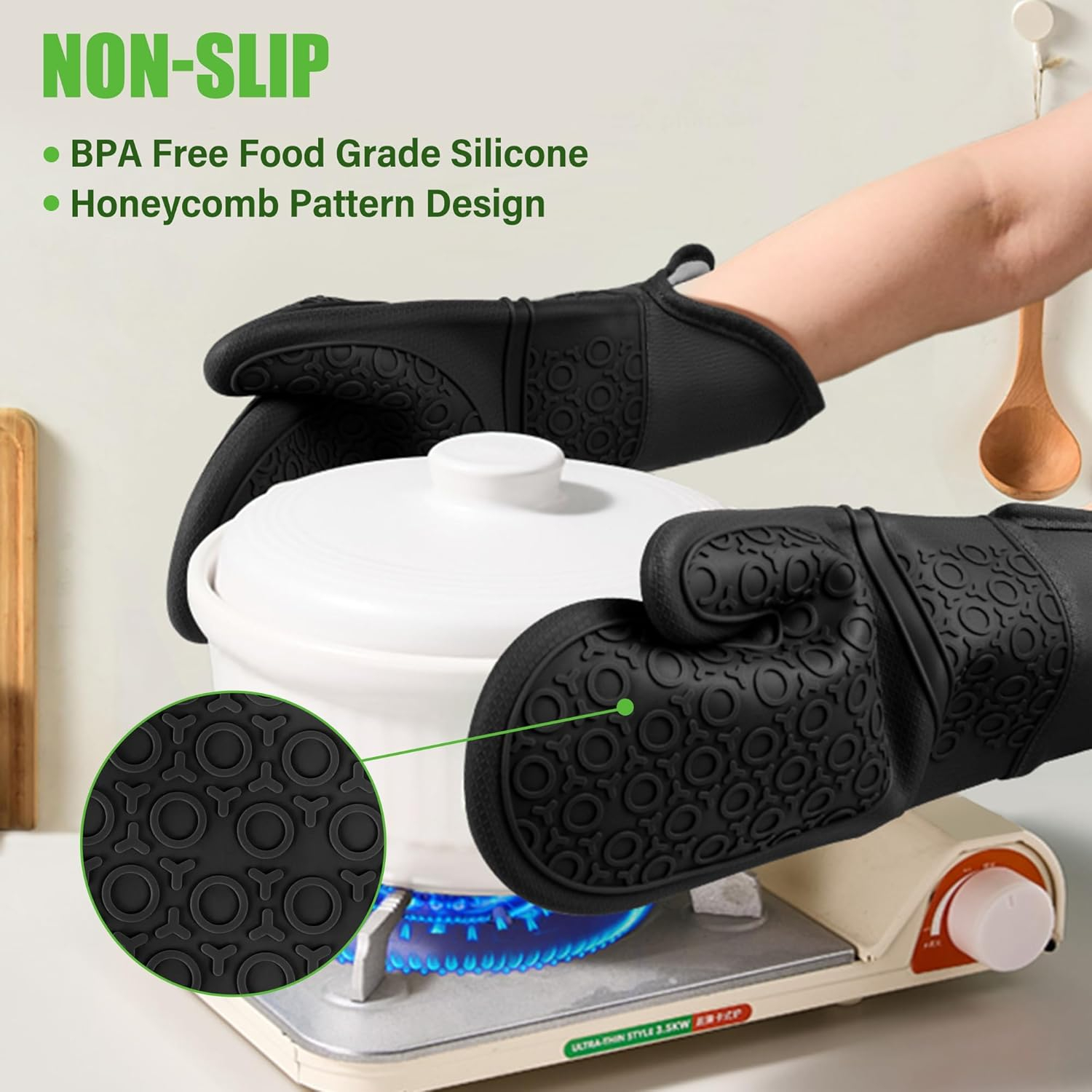Extra Long Black Silicone Oven Mitts and Pot Holders Set