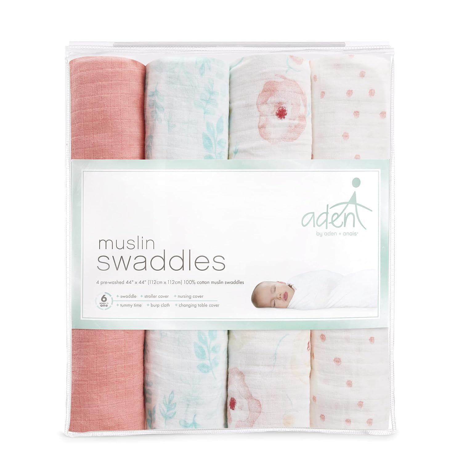 aden + anais essentials, 100% Muslin Cotton Swaddle Blanket, Unisex, 4 Pack, Full Bloom