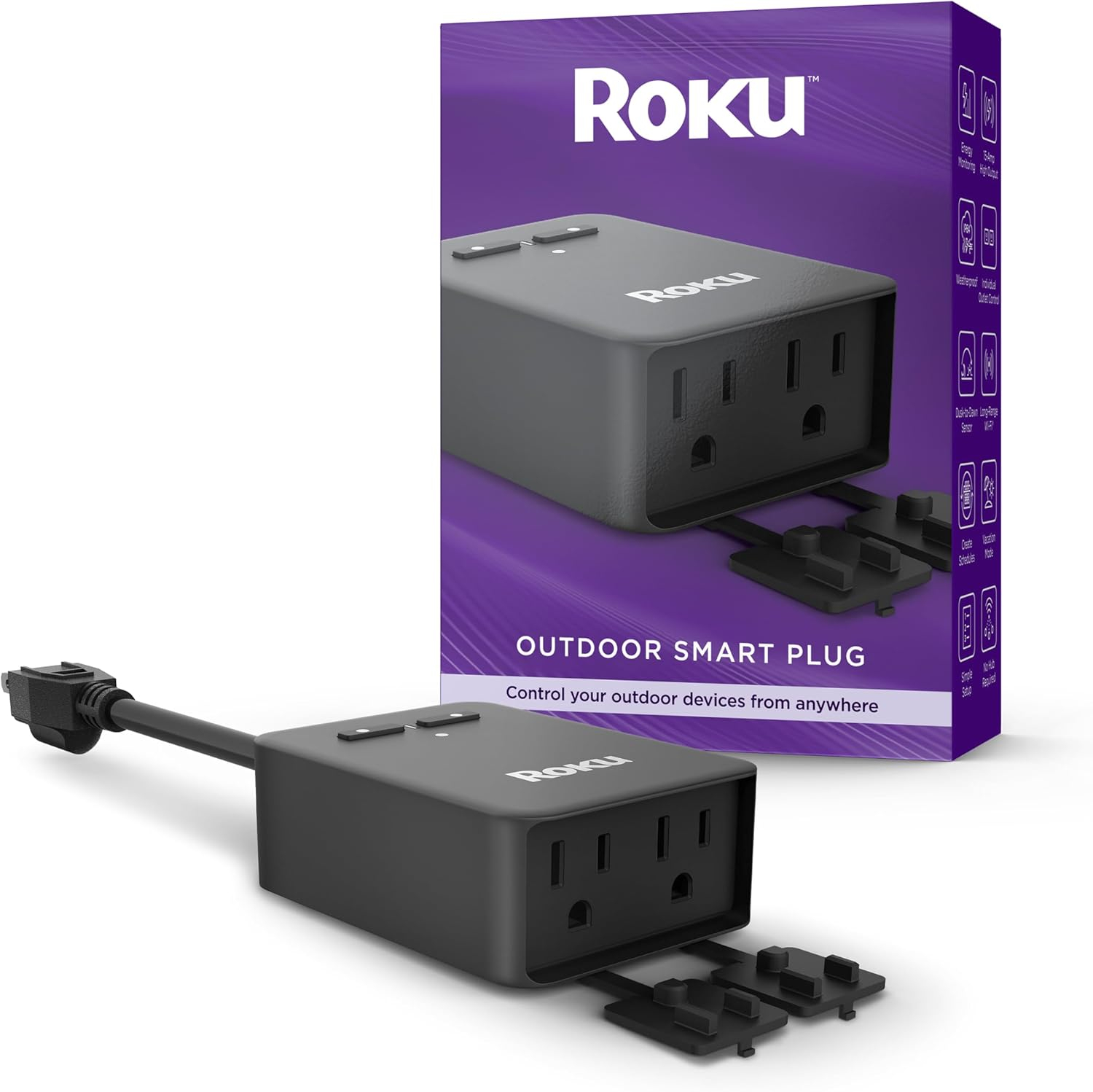 Roku Smart Home Outdoor Smart Plug SE with Custom Scheduling, Independent Outlets, and IP64 Weather Resistance - 15 Amps