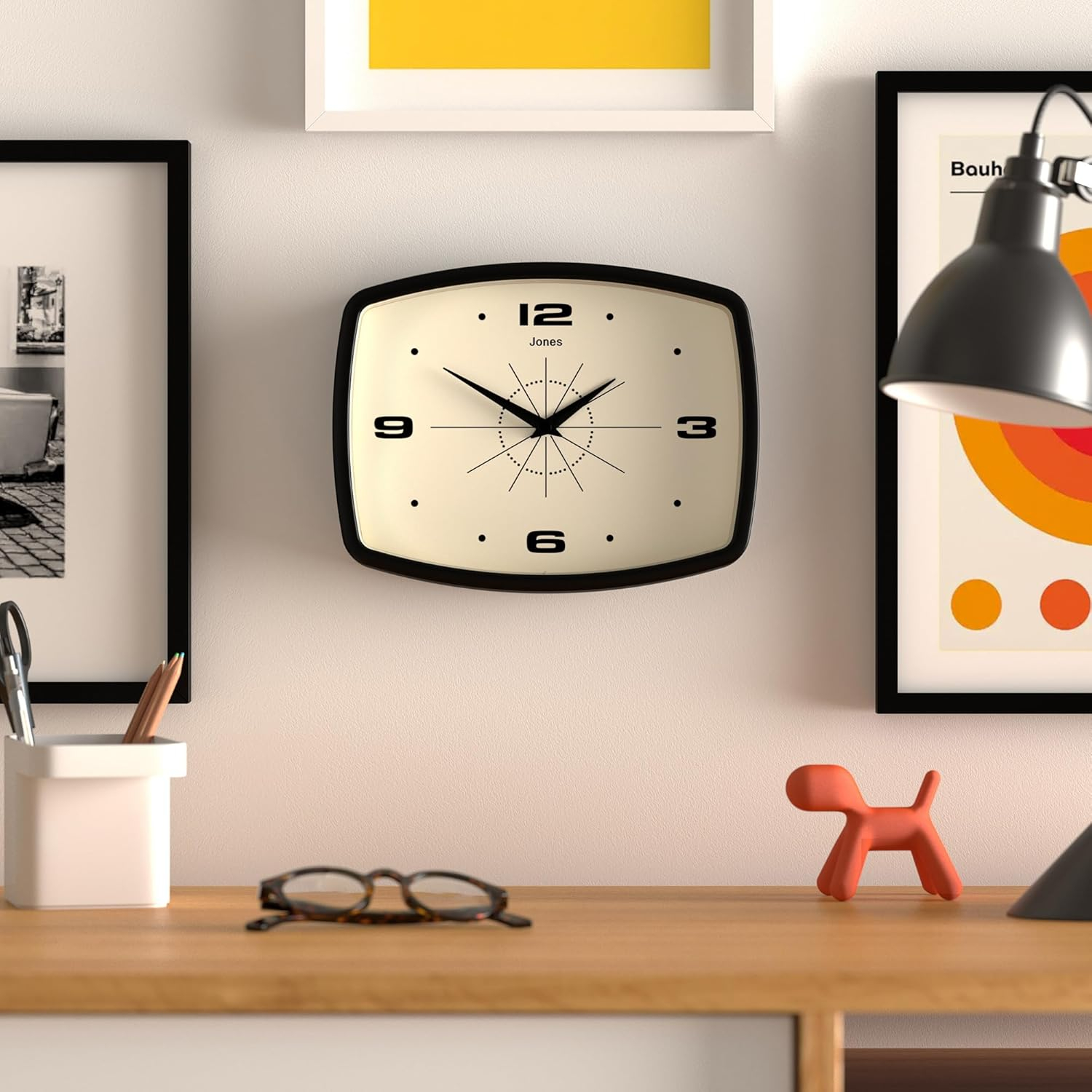 JONES CLOCKS® Movie Wall Clock | Retro Rectangular Clock | 10 inch | Black | Cool Designer Look for Kitchen, Living Room or Office