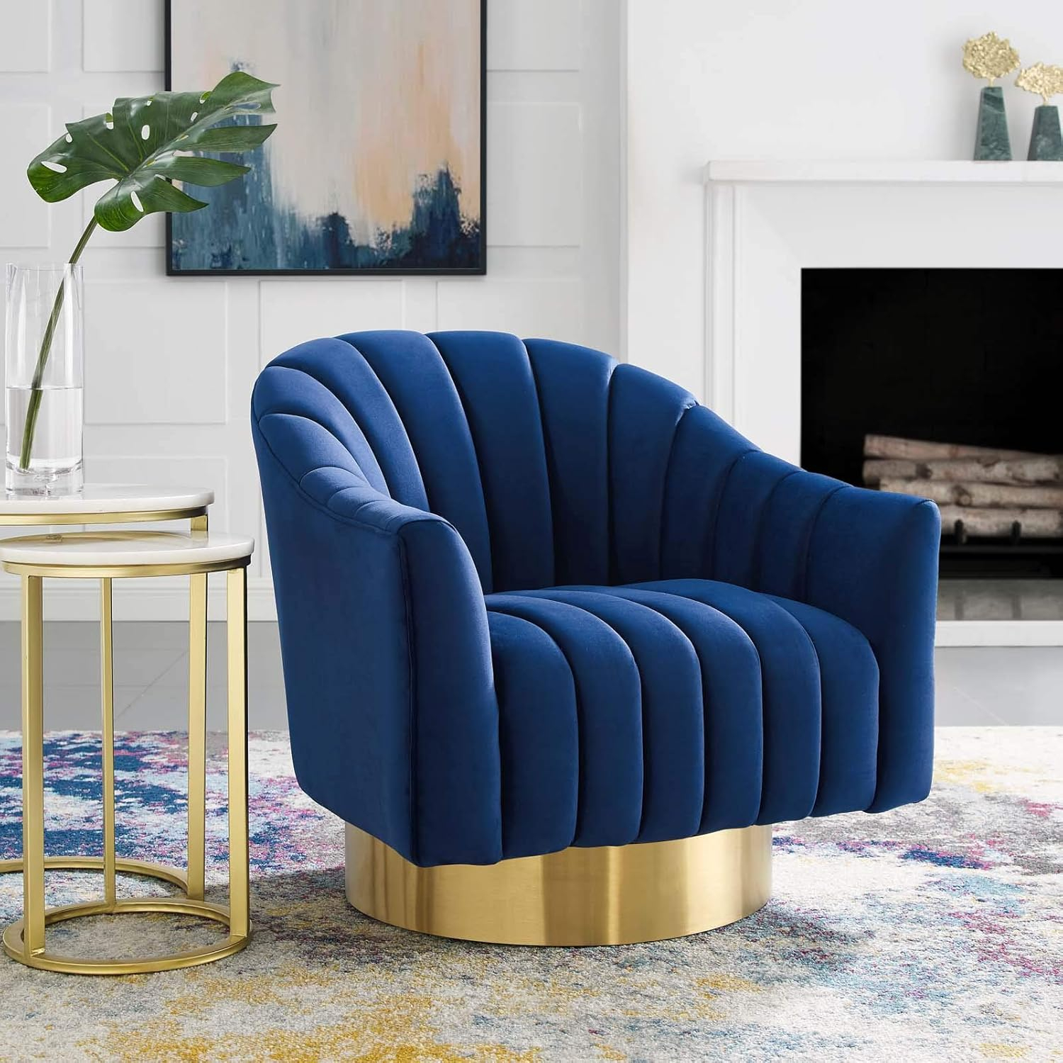 Modway Buoyant Vertical Channel Tufted Accent Lounge Performance Velvet Swivel Chair in Navy
