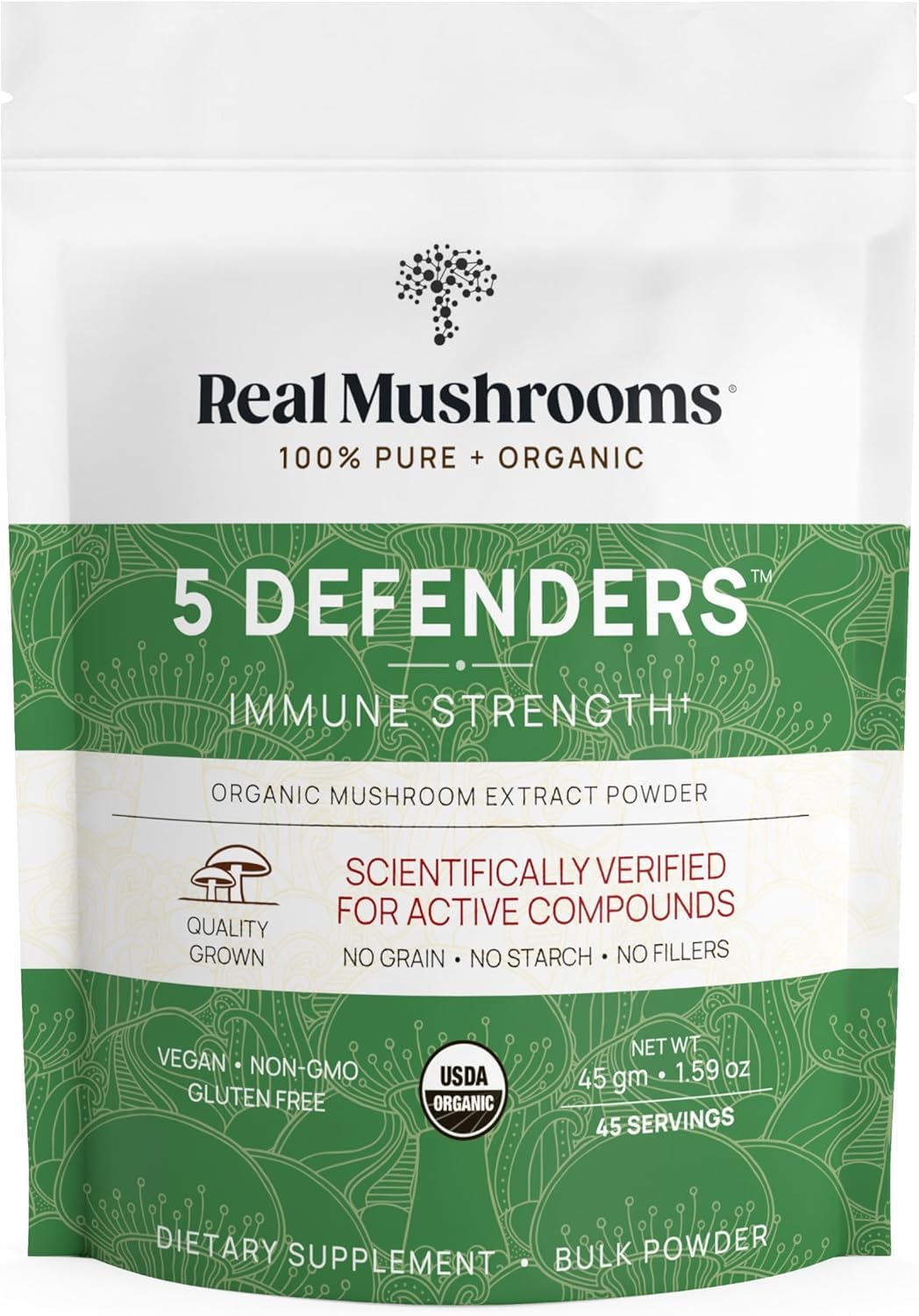 Real Mushrooms 5 Defenders, Organic Mushroom Extract Powder, 1.59 oz (45 g)