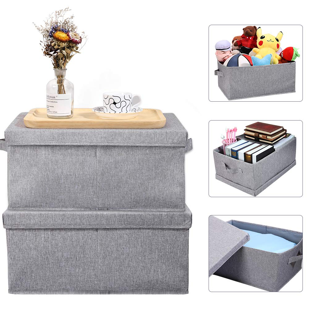 HOONEX Linen Foldable Storage Bins with Lids, 2 Pack, Storage Boxes with Carrying Handles and Sturdy Heavy Cardboard, 16.5" L x 11.8" W x 7.5" H for Shoes, Books, Clothes, Light Grey