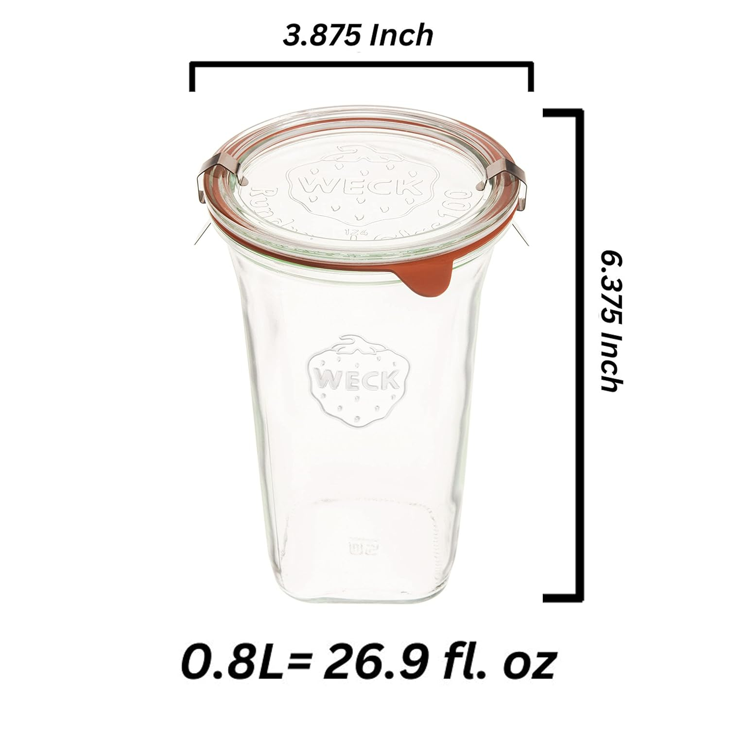 Weck Jars Large Quadro 769-26.9 fl. Oz | Jars Made of Transparent Glass | Eco-Friendly Canning Jar | Food Storage Containers with Airtight Lids | Made in Germany, Rust-Proof & BPA-Free (Pack of 1)